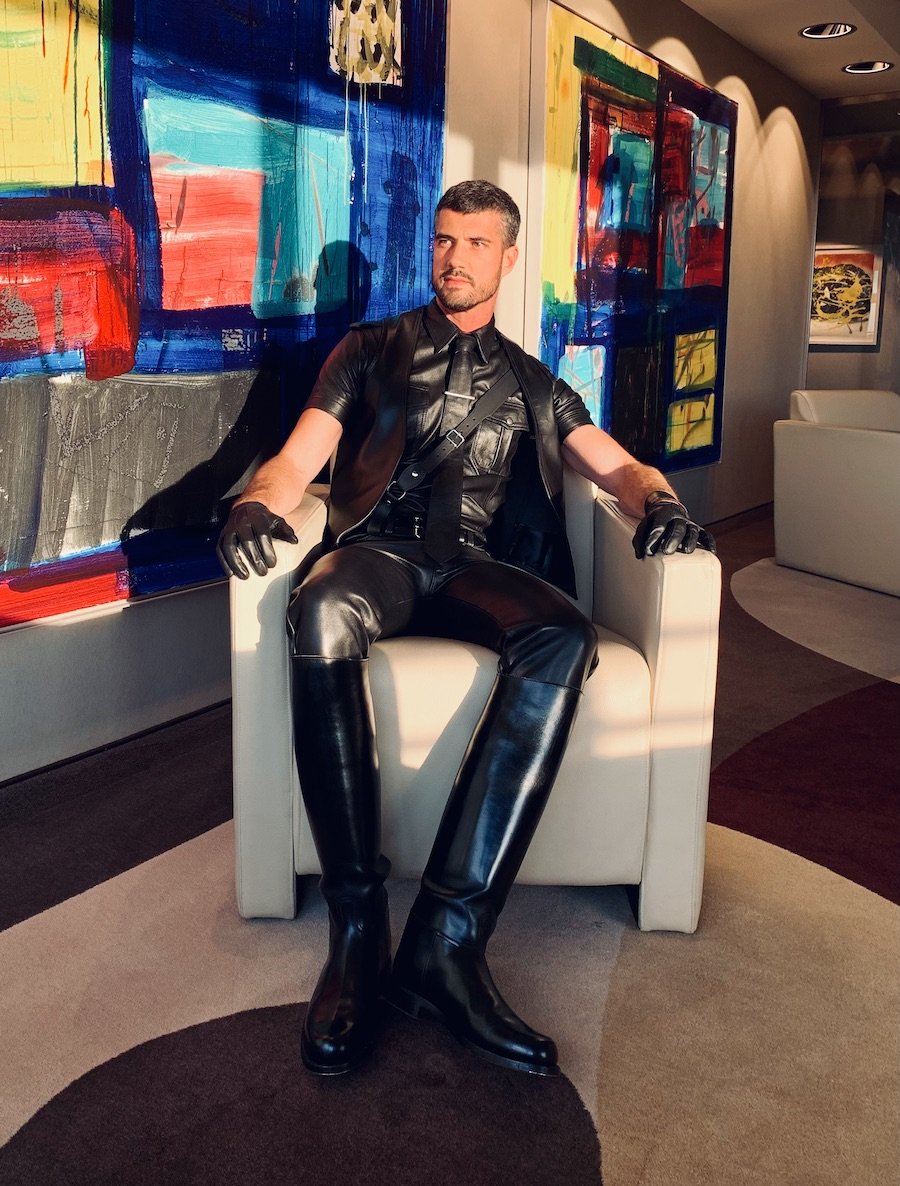 Thibaud wearing full black leather