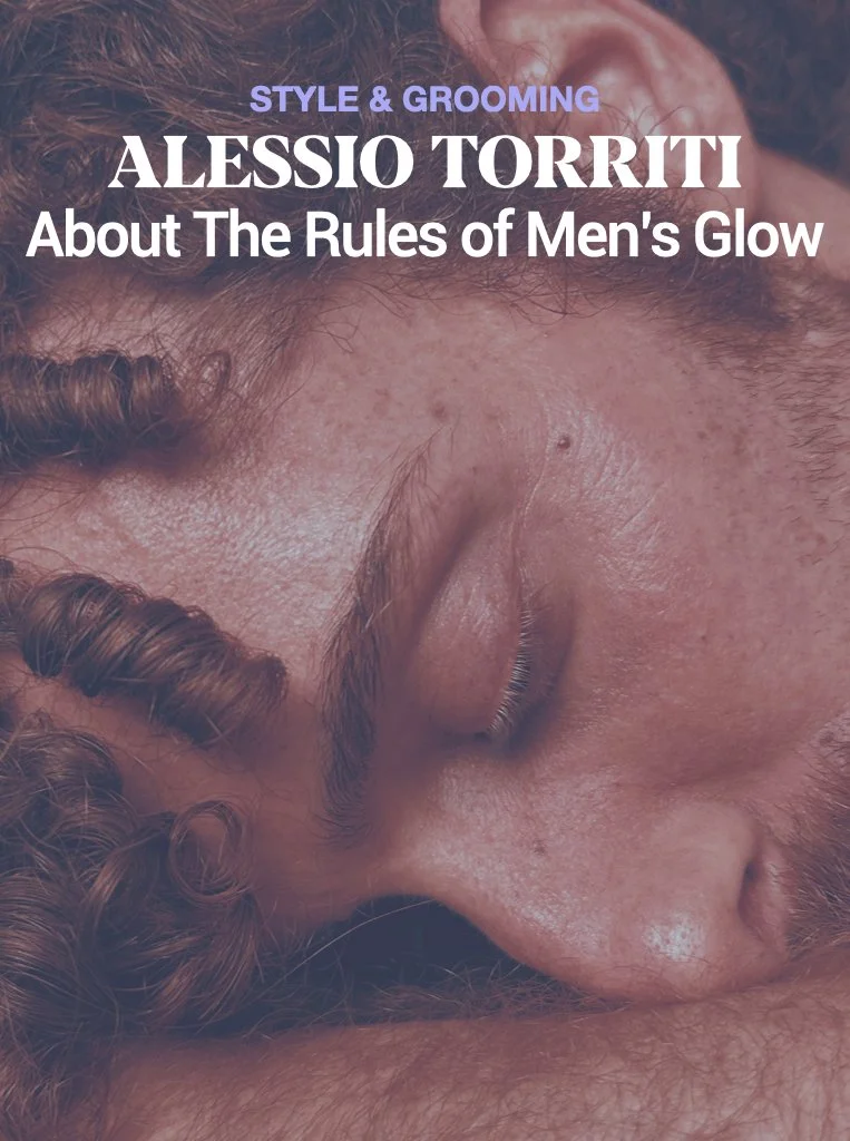 Book cover featuring a close-up of a man's face with curly hair and closed eyes, titled 'Style & Grooming' by Alessio Torriti, about men's grooming rules.