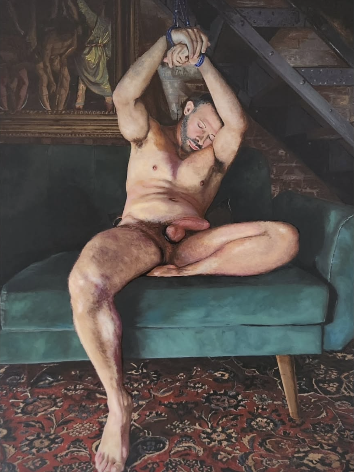 Saint Sebastian bound ready for martyrdom. Oil on board 41cm x 57cm