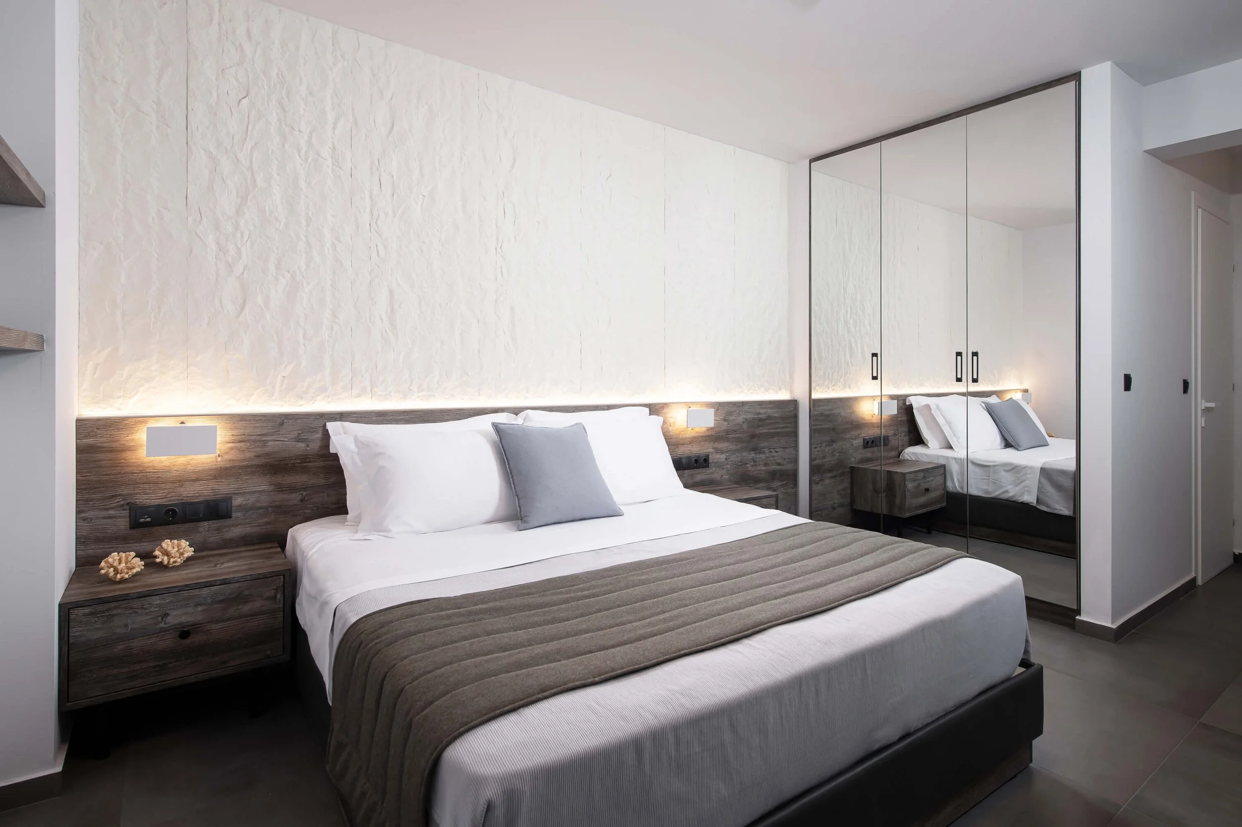 Antonio Villa Hanioti bedroom interior with private bathroom, premium linens and modern minimalist style