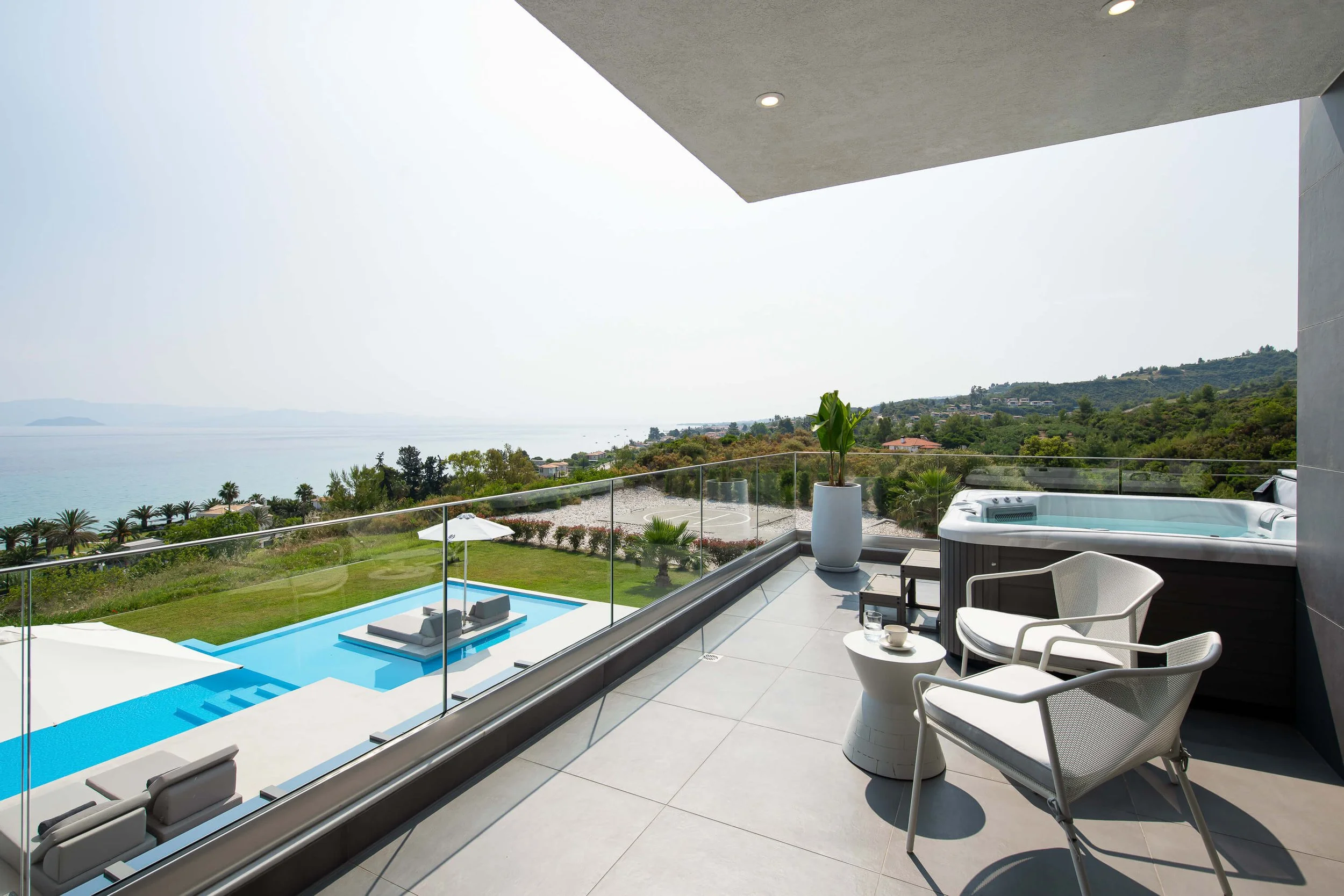 Outdoor Jacuzzi on Sapphire Villa master terrace with panoramic Aegean sea view Hanioti