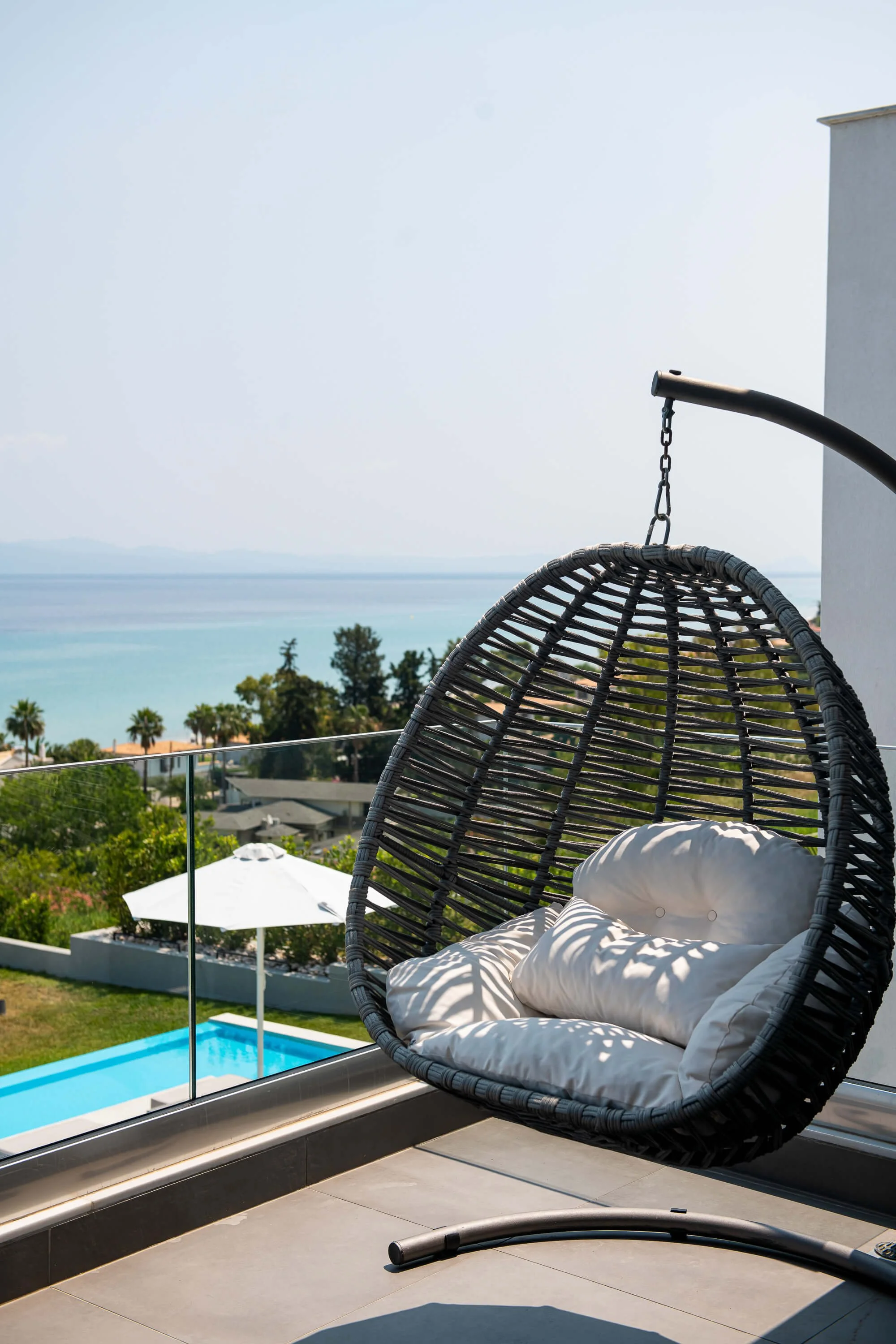 View from balcony -Master bedroom in Antonio Villa Halkidiki with Jacuzzi, king-size bed and sea-facing balcony