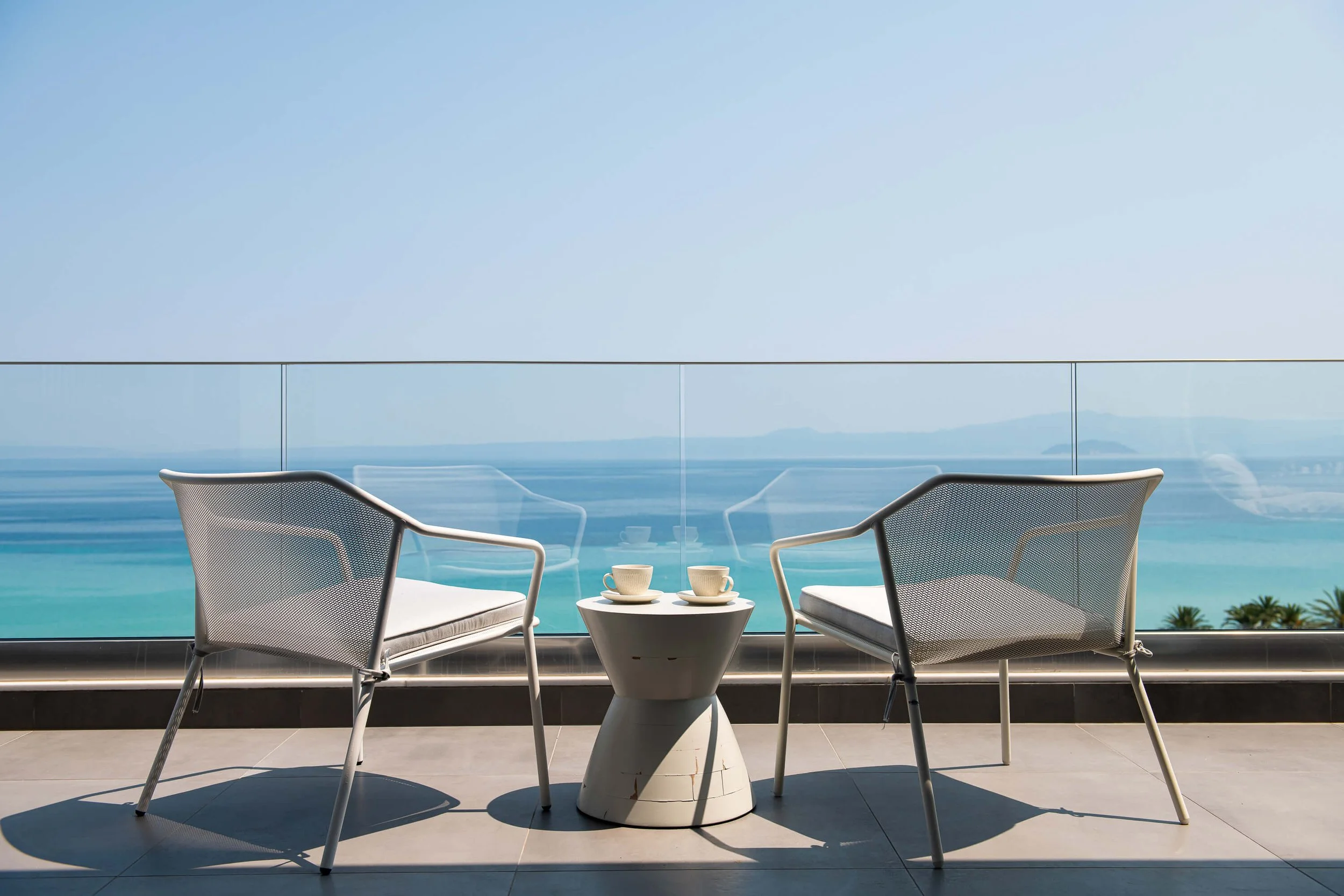 View from balcony -Master bedroom in Antonio Villa Halkidiki with Jacuzzi, king-size bed and sea-facing balcony