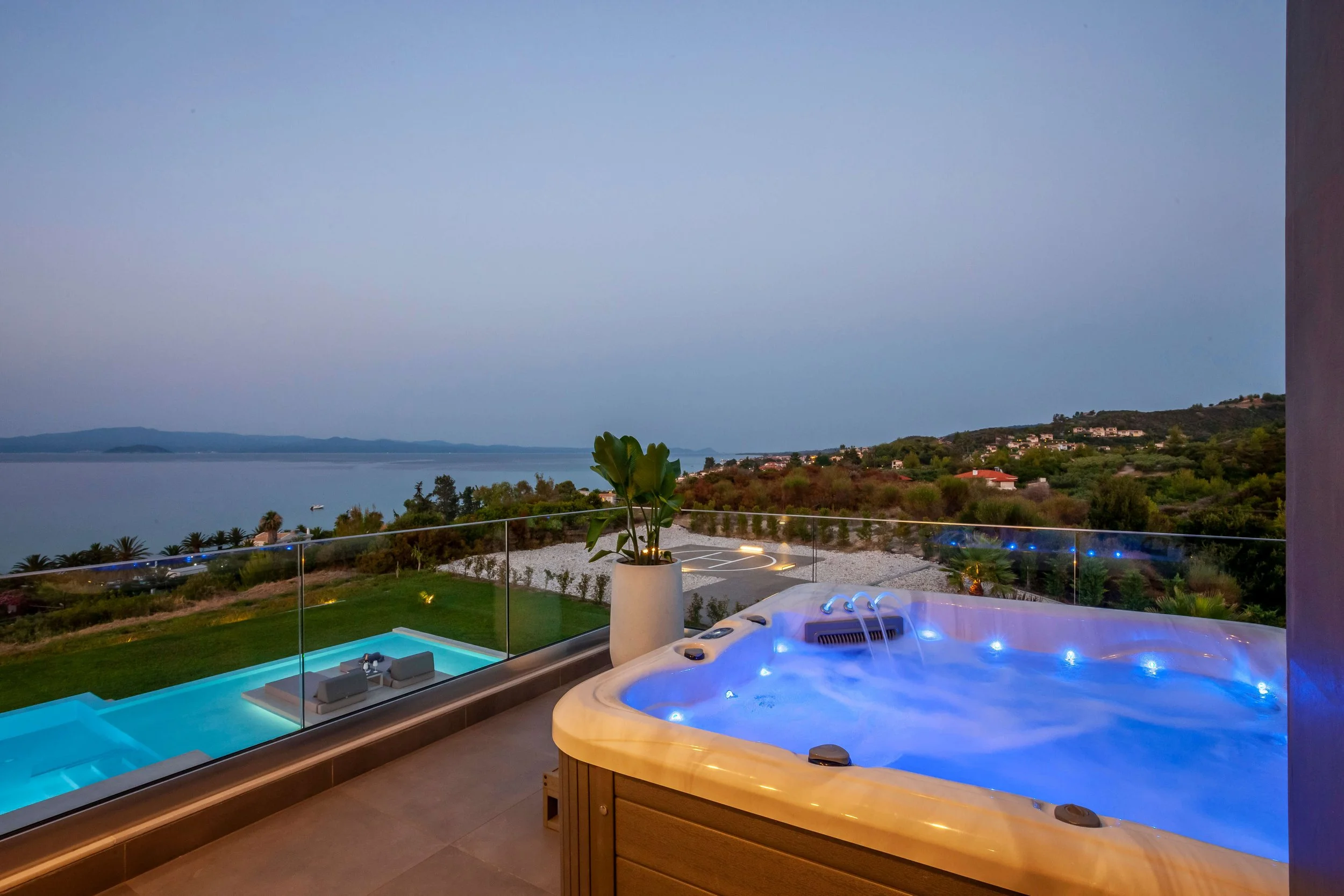 Outdoor Jacuzzi on Sapphire Villa master terrace with panoramic Aegean sea view Hanioti