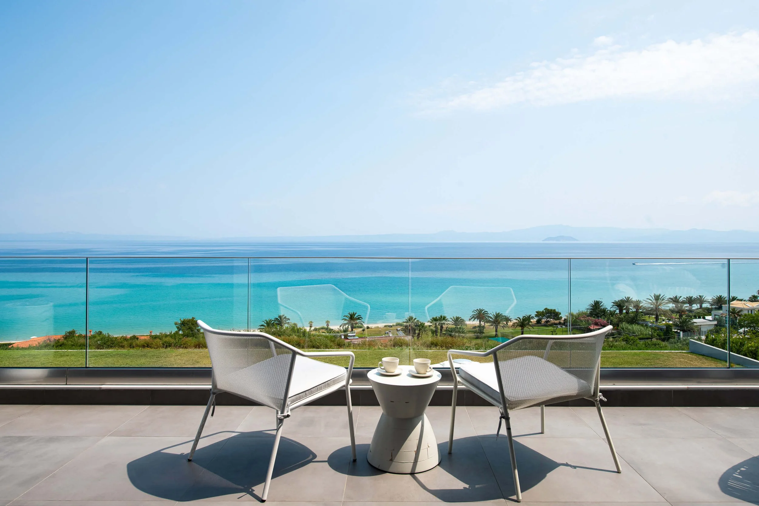 View from balcony -Master bedroom in Antonio Villa Halkidiki with Jacuzzi, king-size bed and sea-facing balcony