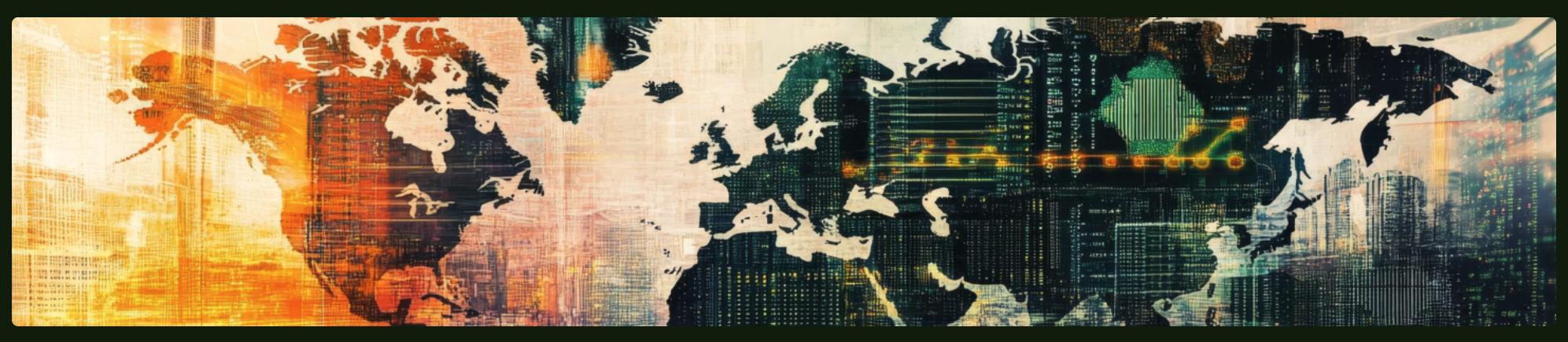 Abstract digital world map depicting continents with glowing cityscape and data network overlays, in shades of orange, green, and black.