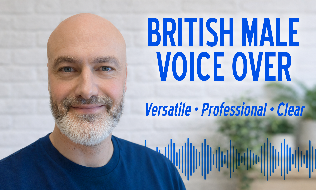 A picture of ben with the headline 'British Male Voice Over' and the sub-headings 'Versatile, Professional, Clear'
