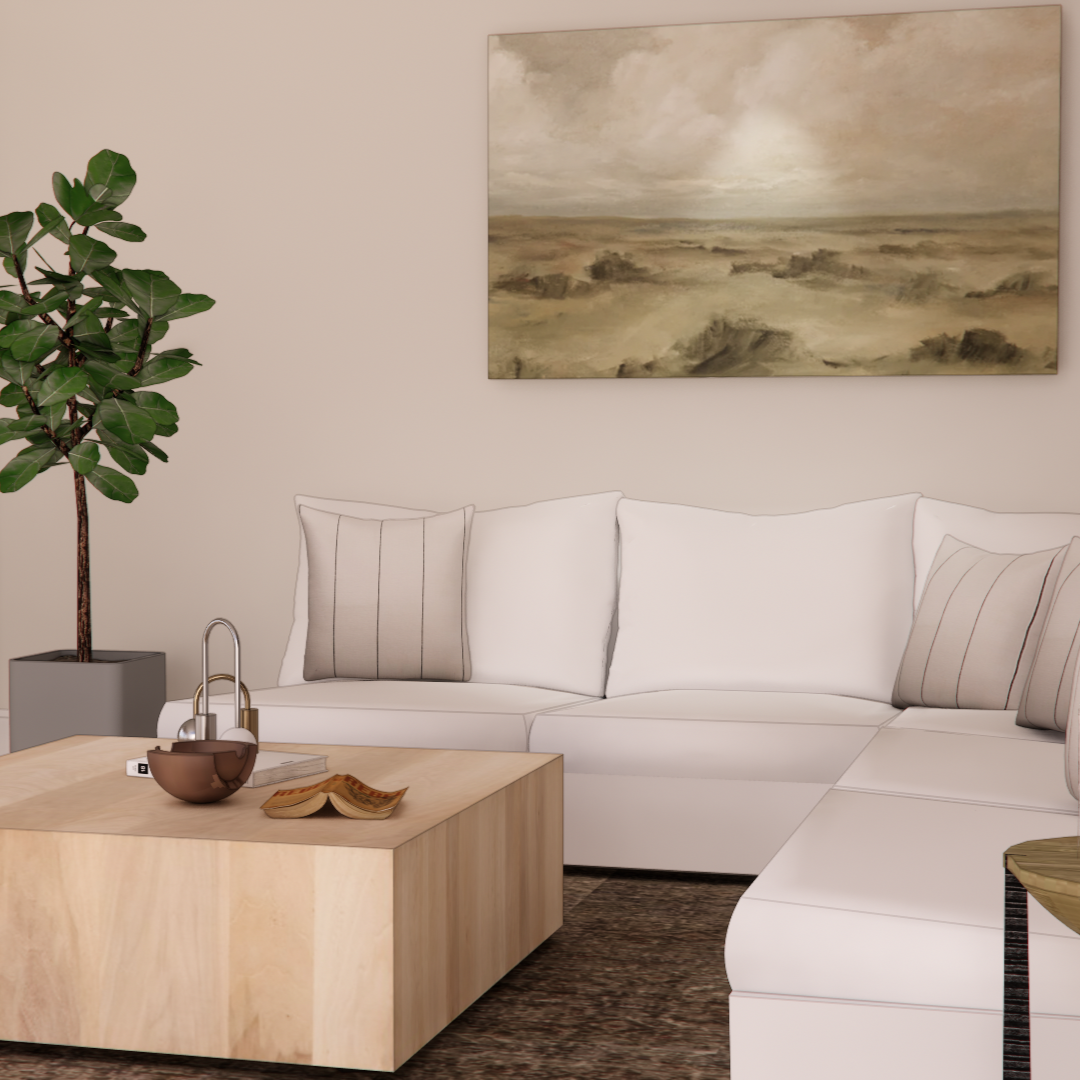 The living area creates a fresh, yet natural feel through the linen, light wood table, and nature-inspired art. 