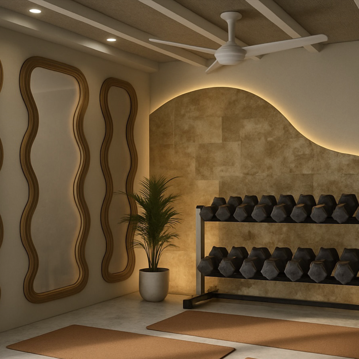 This home gym echos a modern organic vibe- perfect for the client who is a gym influencer. The focal point featuring a burl wood wall feature back-lit, while the body mirrors compliment the curvature. Additionally, grass cloth is applied between ceil
