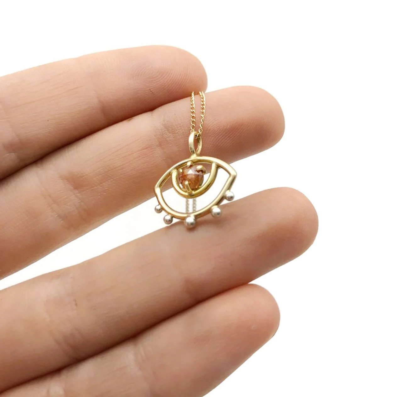 coral diamond + 14k gold oculi necklace