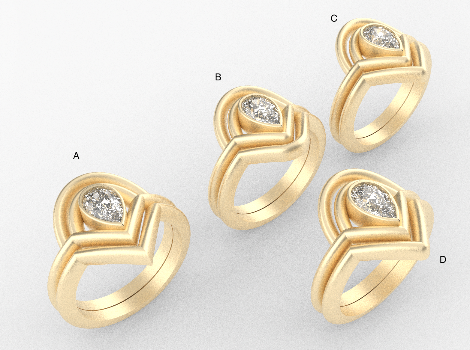 Four gold rings, each with a diamond set in a teardrop-shaped bezel, labeled A, B, C, and D, arranged on a white background.