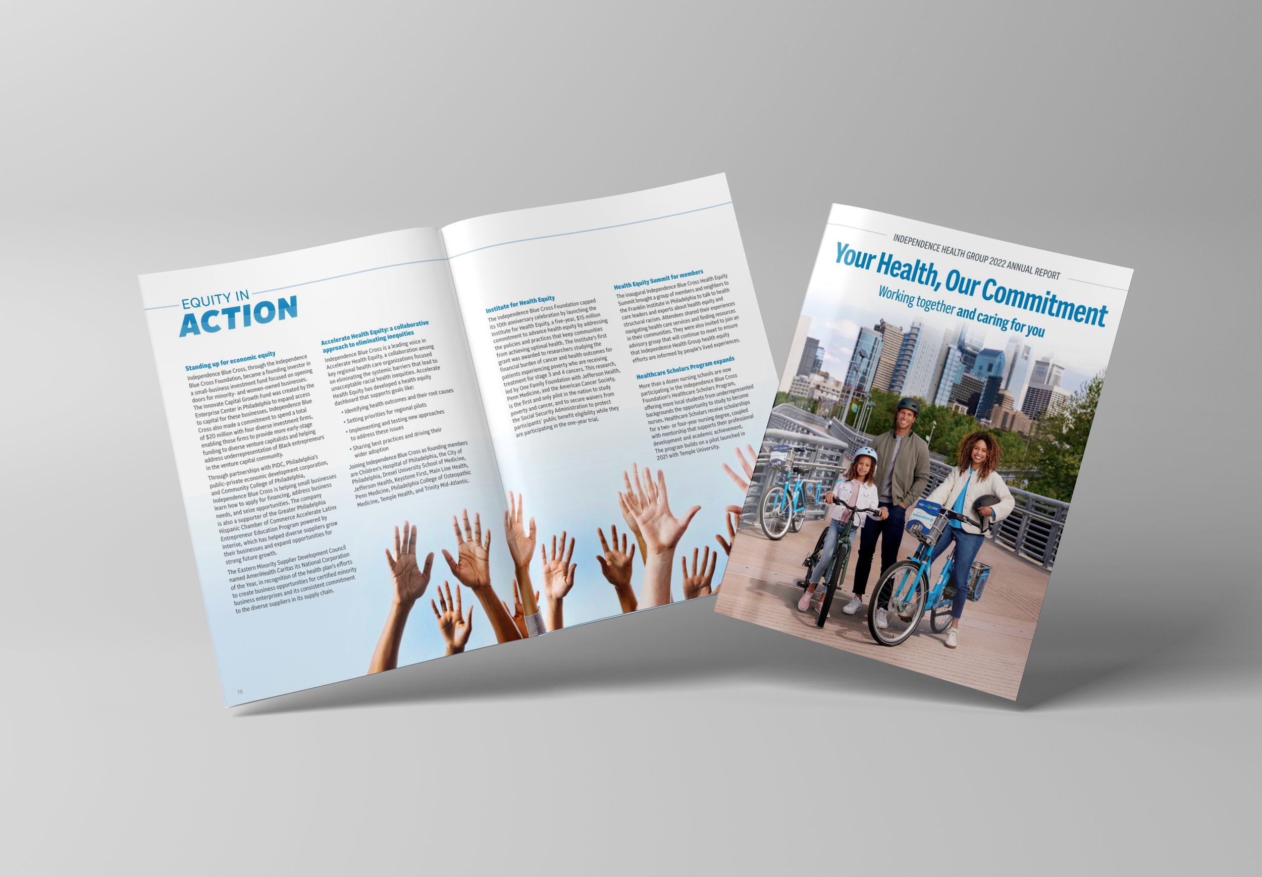 Brochure titled 'Your Health, Our Commitment' shows a family with two children in helmets and bikes, with a city skyline in the background.