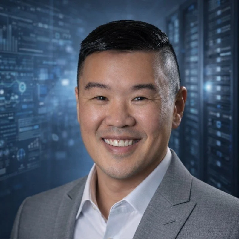 Professional portrait of a smiling Asian man in a gray suit and white shirt with a blurred digital data center background.