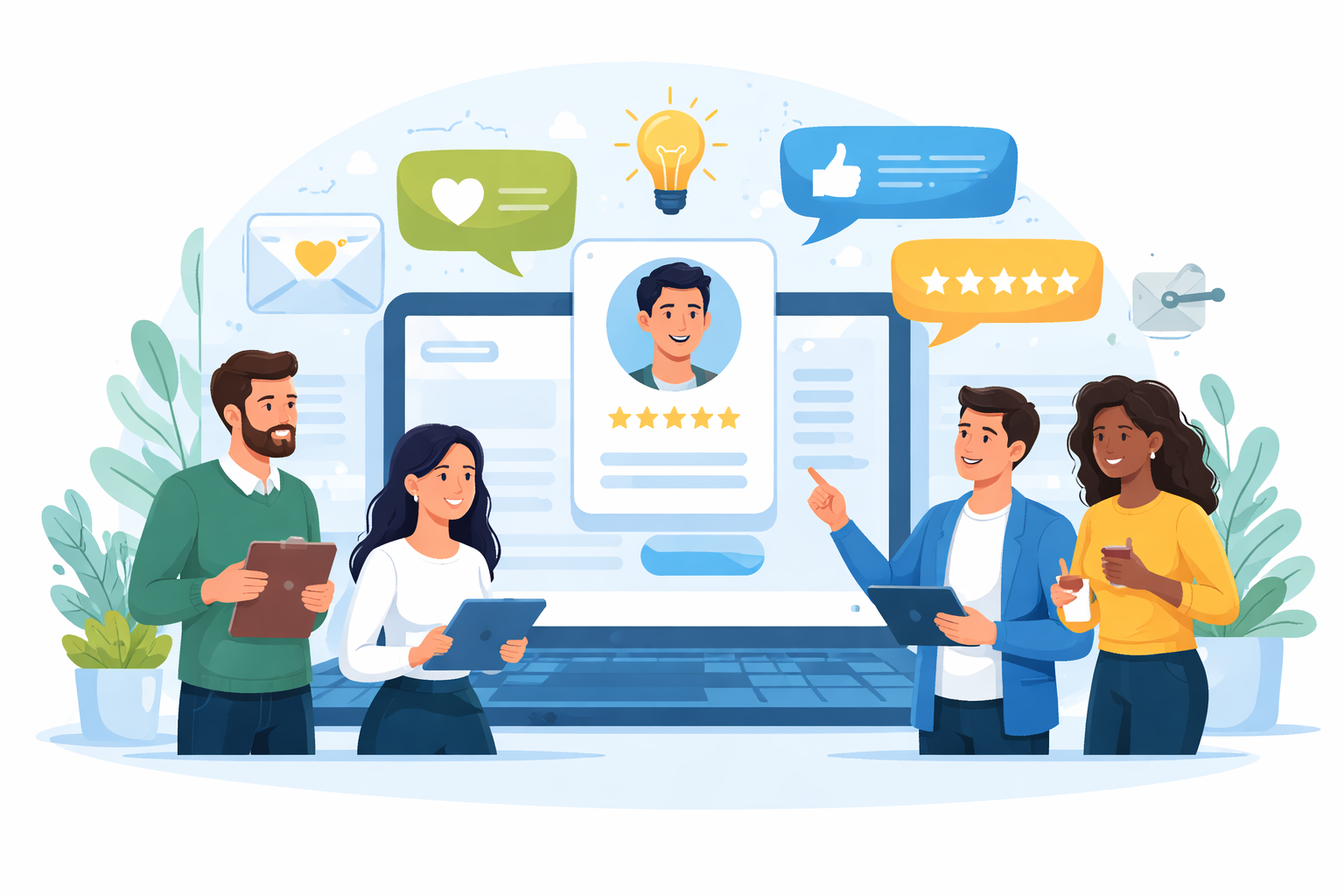 Four diverse people discussing a digital profile and reviews on a large computer screen, with speech bubbles showing ratings and feedback, in a modern work environment with plants.