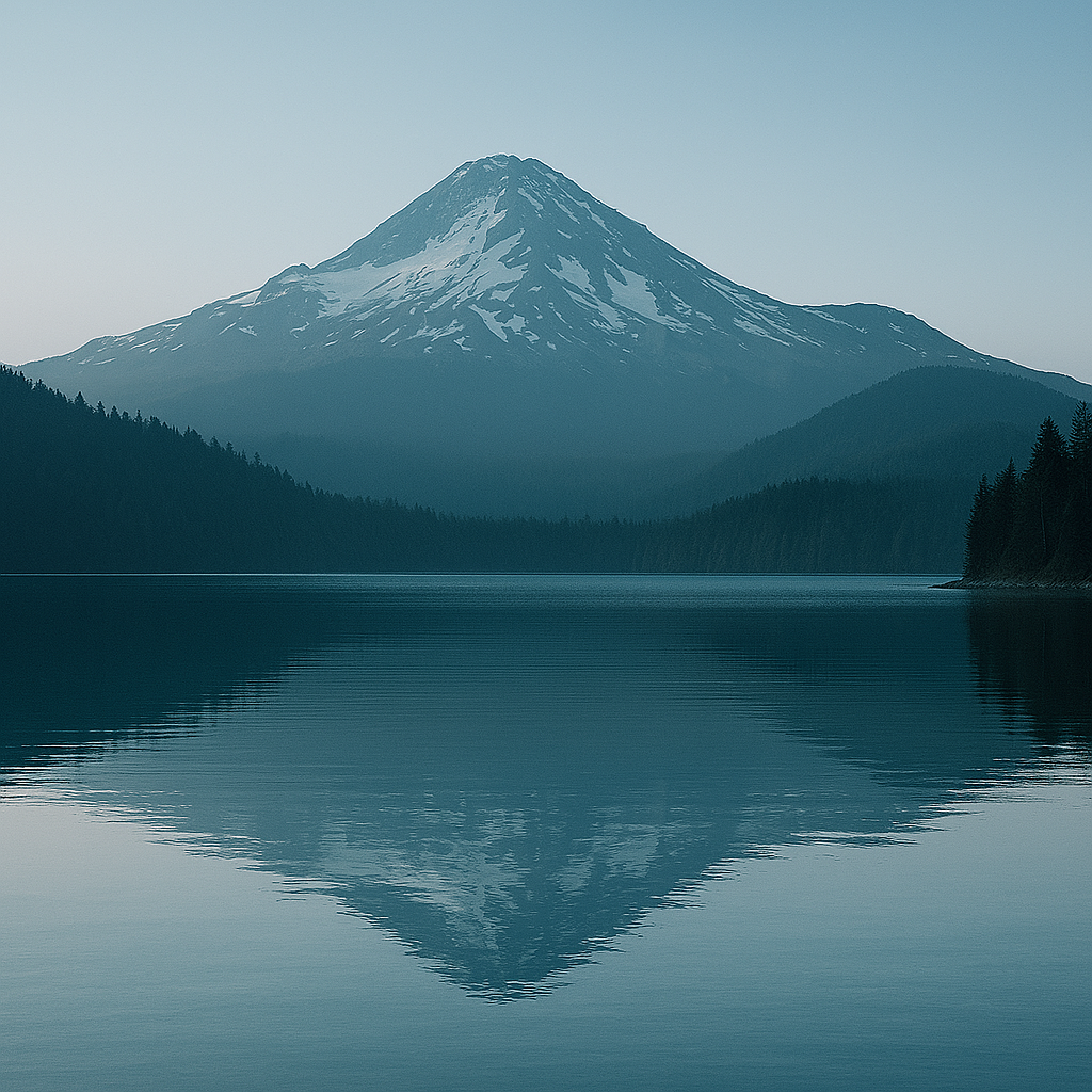 Mount Hood snow-capped mountain over a calm lake with a forested shoreline.