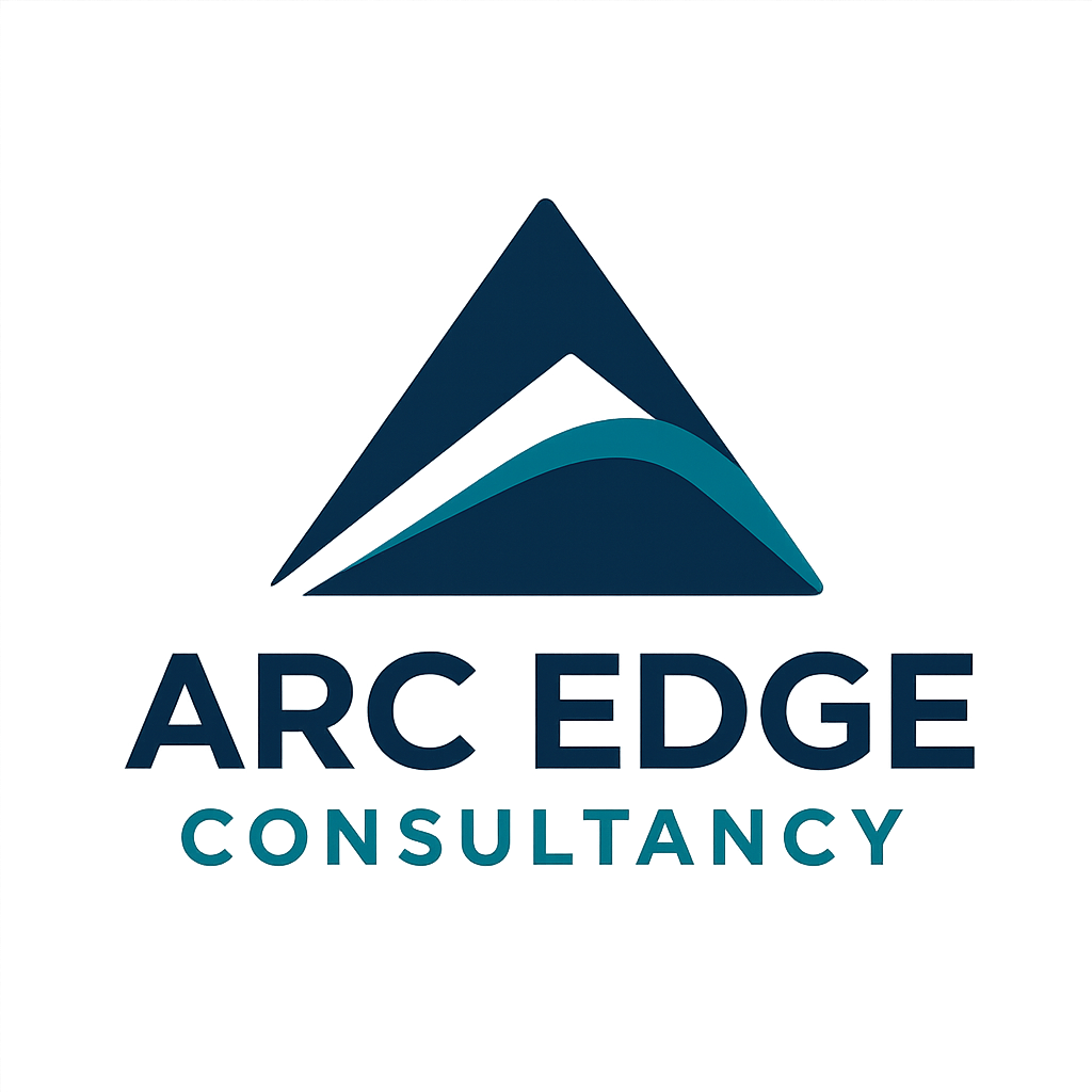 Logo for ARC EDGE Consultancy featuring a stylized mountain peak with two curved lines, and the text 'ARC EDGE CONSULTANCY' underneath in bold blue letters.