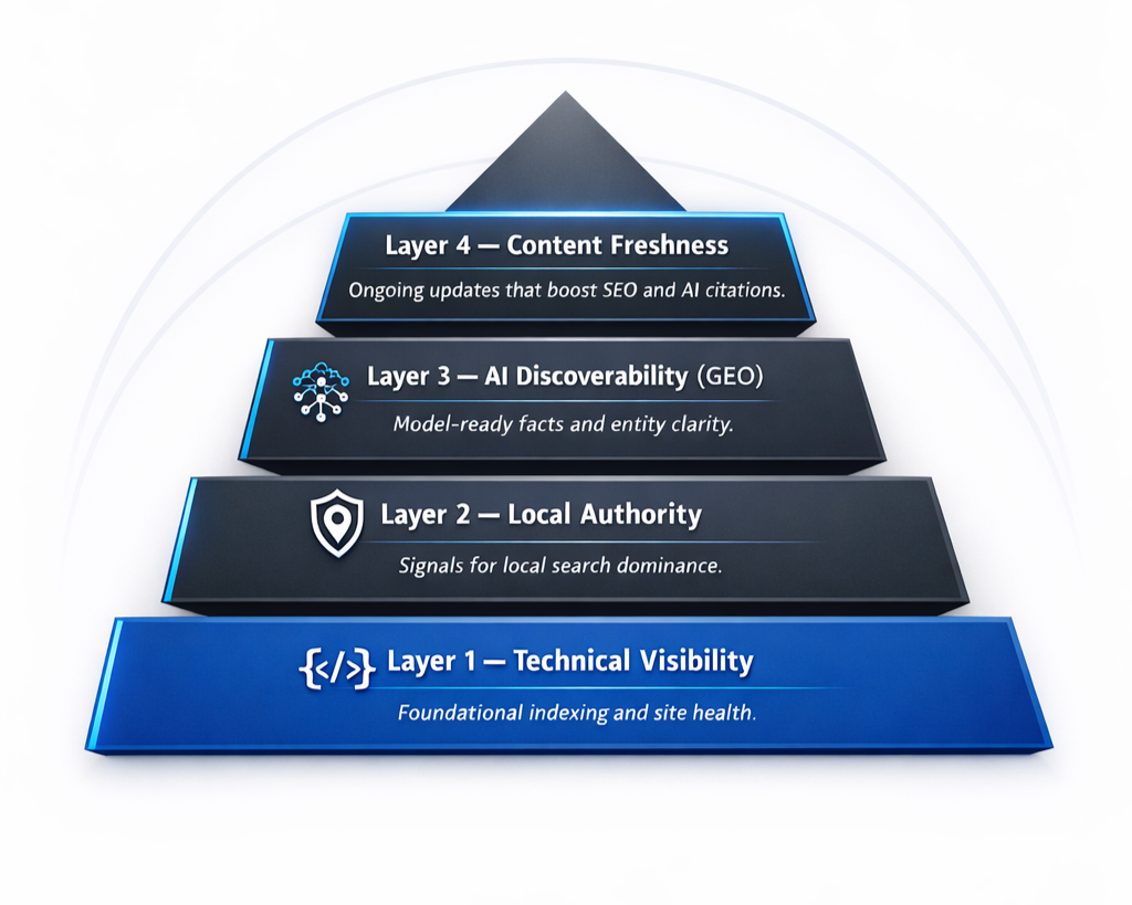 A pyramid diagram illustrating four layers of search engine optimization (SEO) strategies. Layer 1 is Technical Visibility, emphasizing foundational indexing and site health. Layer 2 is Local Authority, focusing on signals for local search dominance. Layer 3 is AI Discoverability, highlighting model-ready facts and entity clarity. Layer 4 is Content Freshness, representing ongoing updates to boost SEO and AI citations.