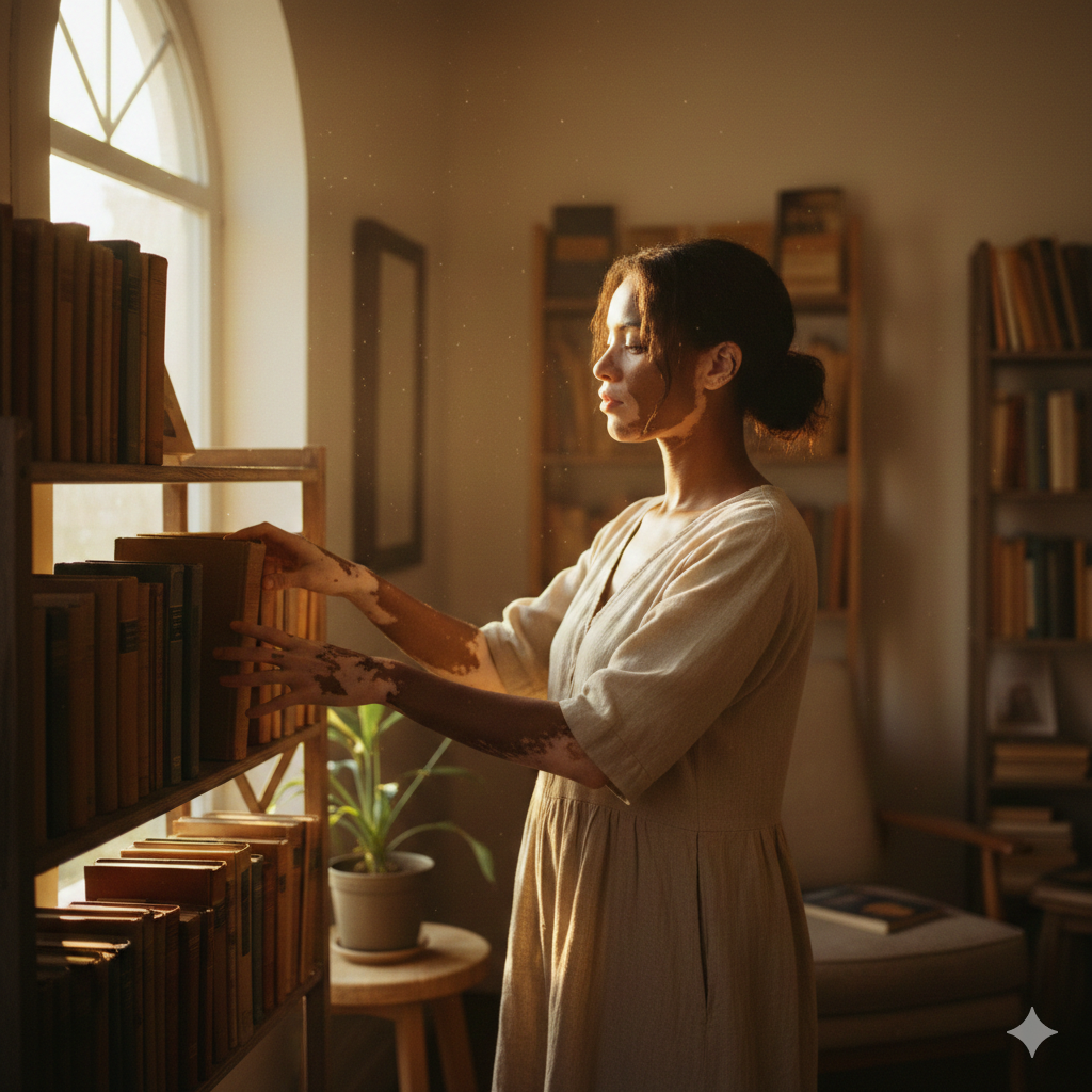 Image illustrant la protagoniste "Hayat" - une jeune bibliothécaire atteinte de vitiligo
