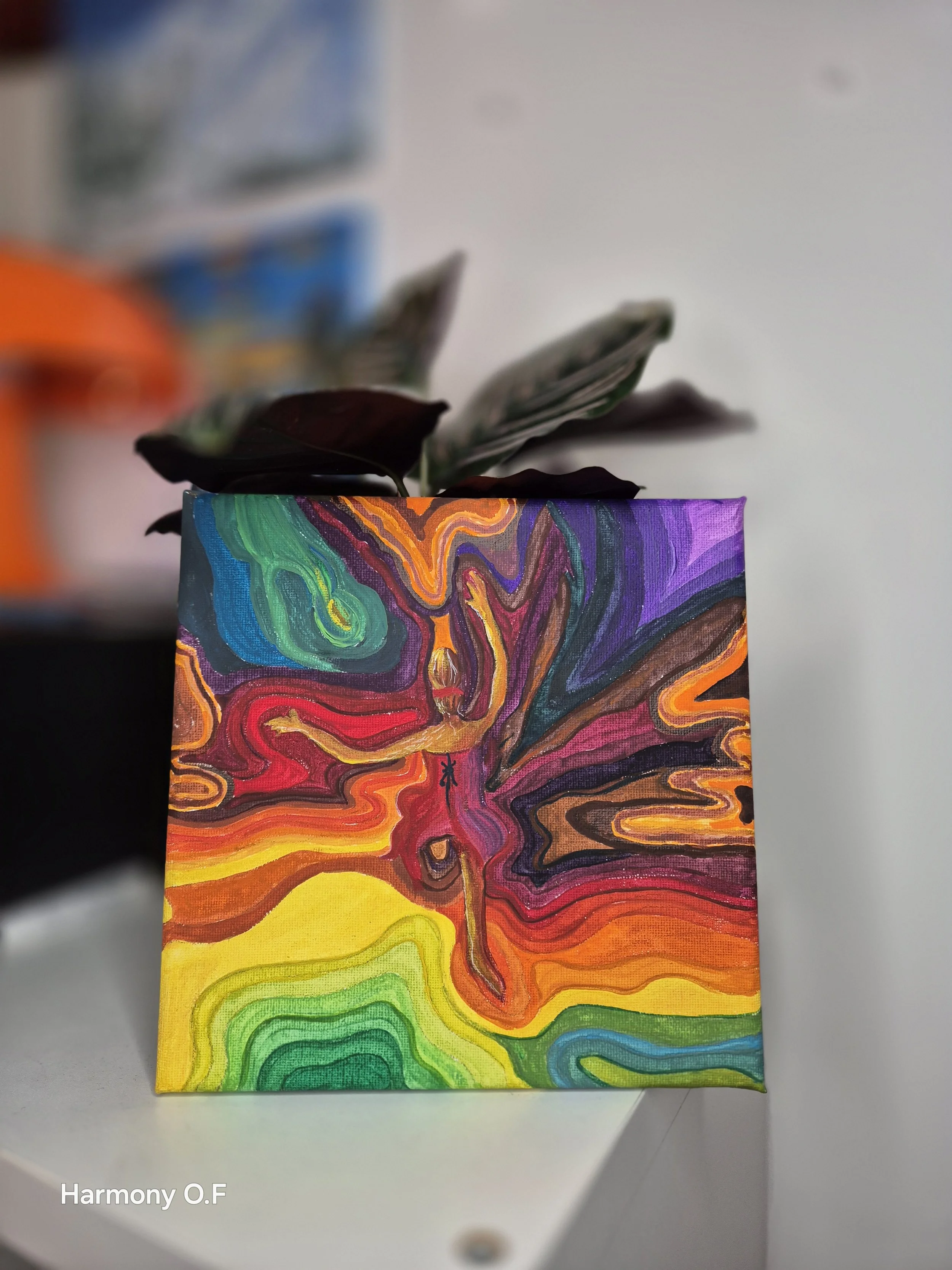 Composition abstraite aux couleurs explosives évoquant le mouvement et l'énergie intérieure - " Chorégraphie du chaos"  par Ouiame FILALI. Gouache sur toile.