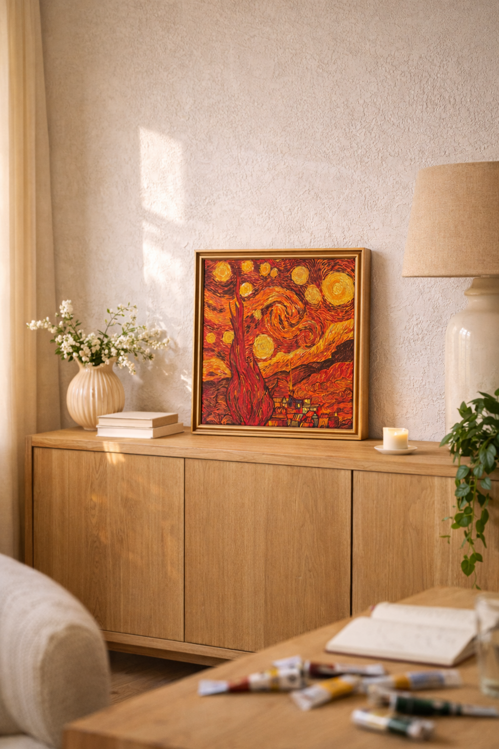 Une reprise du ciel étoile de Van Gogh aux teintes rouges et orangées - "sous l'aurore rouge" par Ouiame FILALI. Acrylique sur toile