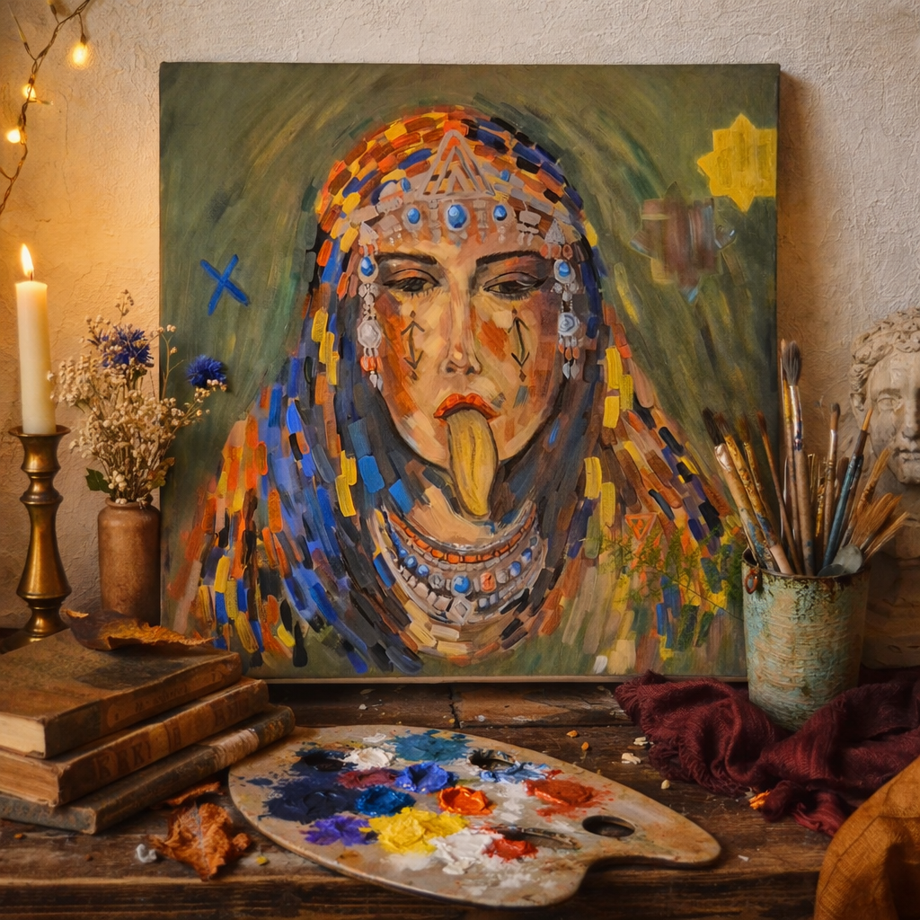 Portrait expressionniste d'une femme amazigh aux bijoux et tatouages traditionnels - "Thafsut n tlelli" par Ouiame FILALI. Acrylique sur toile.