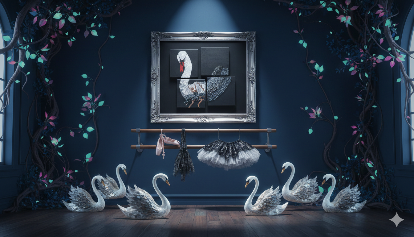 Portrait expressionniste d'un cygne sur fond sombre avec une ballerina en pleine danse de mue, Ouiame FILALI. Acrylique sur toile.