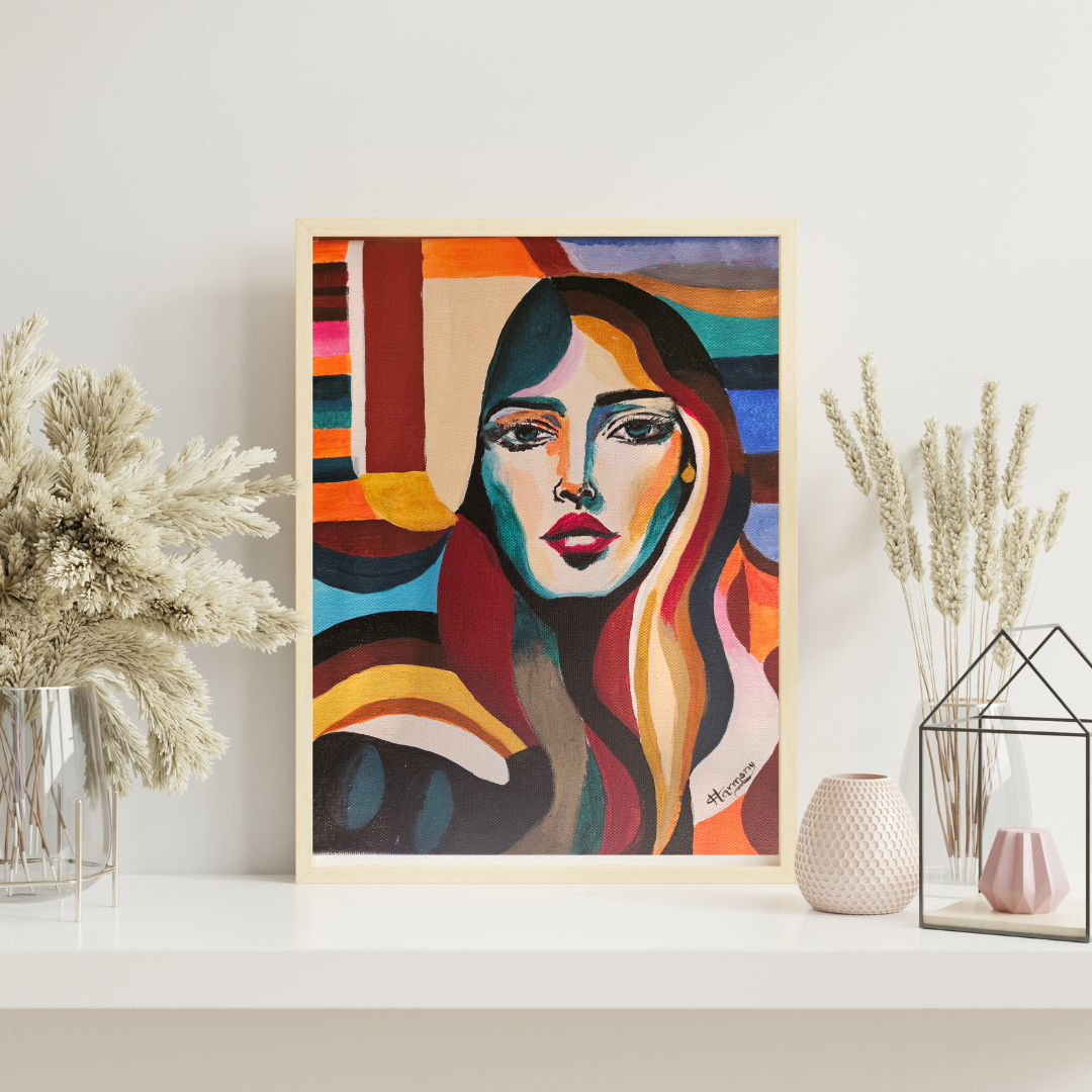 Portrait abstrait féminin aux couleurs géométriques vives - "Chroma" par Ouiame FILALI. Acrylique sur toile.