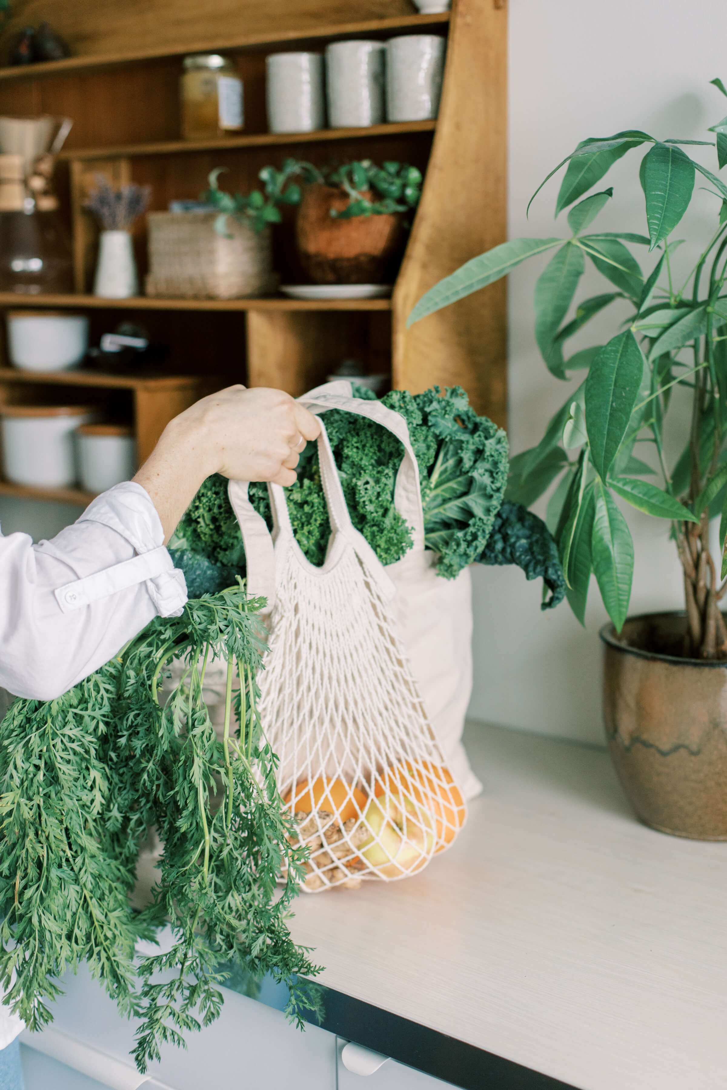 Off Beet Holistic FDN functional nutrition pracitce; woman holding a mesh produce bag with onions inside, on a kitchen counter next to a potted plant and a bag of leafy vegetables.
