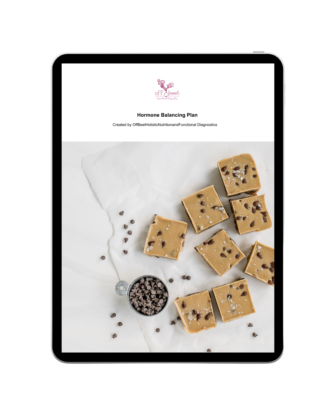 Off Beet Holistic FDN; Tablet displaying a hormone balancing plan report with a cover image of caramel fudge squares with chocolate chips on white paper.