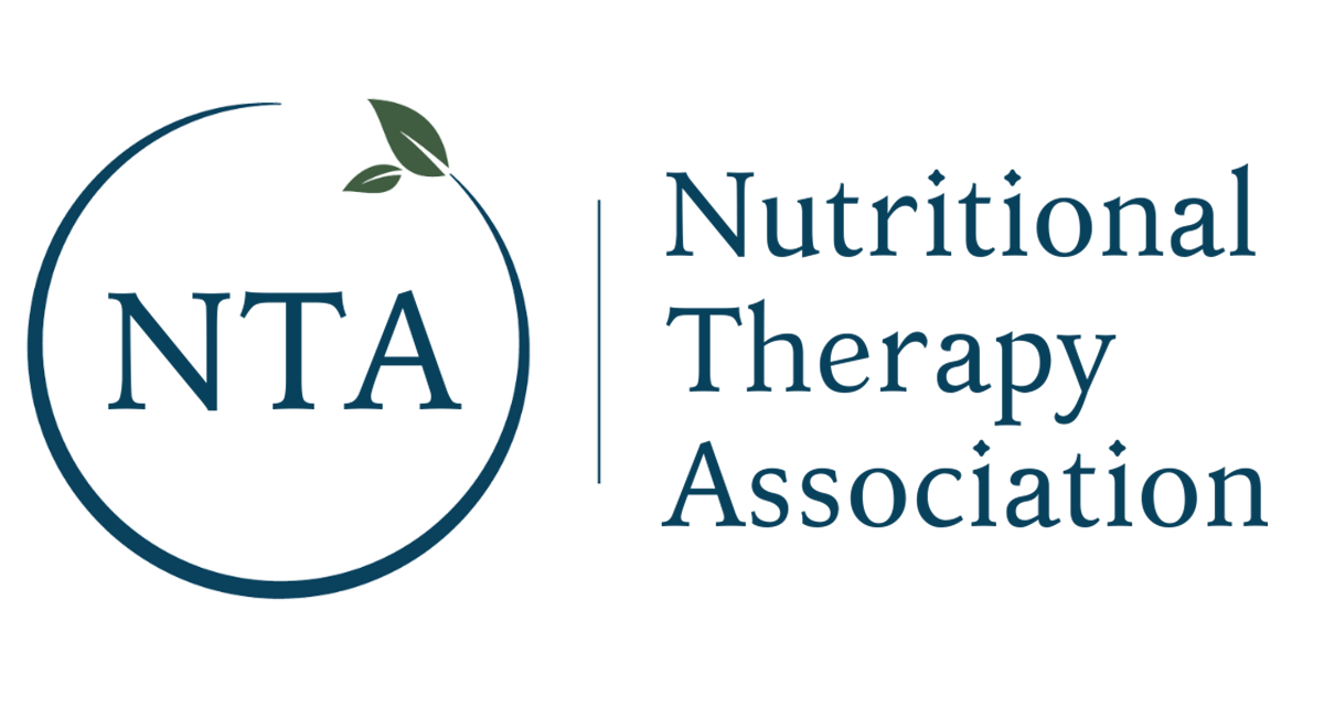 Logo of the Nutritional Therapy Association featuring a circular outline with two green leaves, and the initials 'NTA' inside, followed by the full name of the organization to the right.