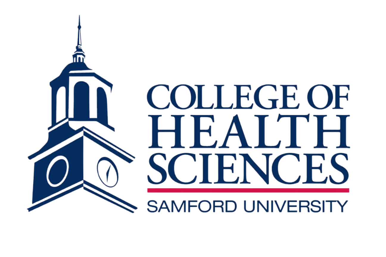 Allie Parson's credentials from College of Health Sciences at Samford University, featuring a stylized clock tower on the left and blue and red text for Off Beet Holistic FDN.