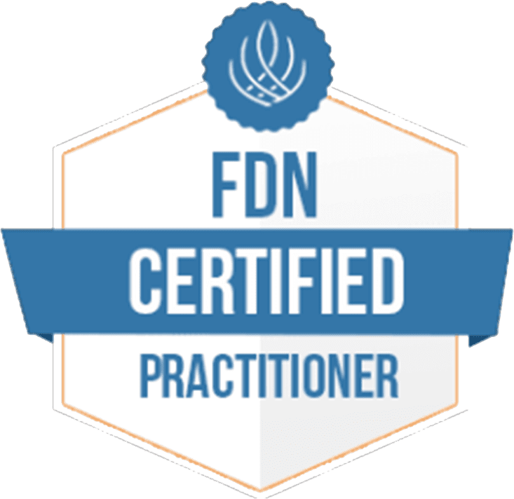 A badge with a honeycomb shape, blue and white colors, displaying the text 'FDN CERTIFIED PRACTITIONER' and a symbol of flames or waves at the top.
