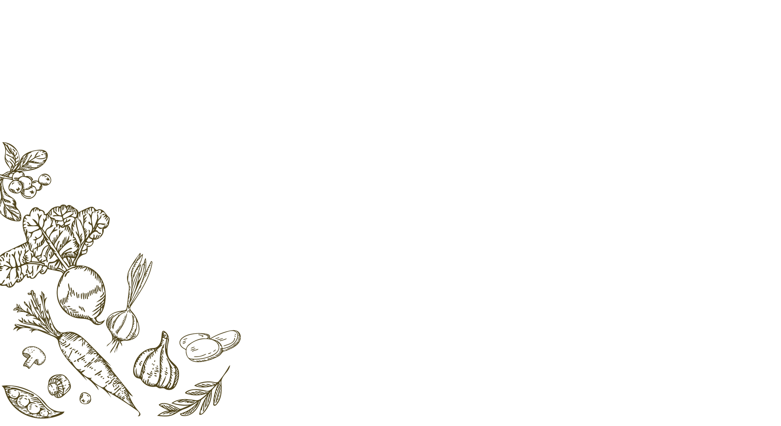 Decorative black background with gold outlines of vegetables and herbs, such as carrots, garlic, onions, and leaves, in the lower left corner.