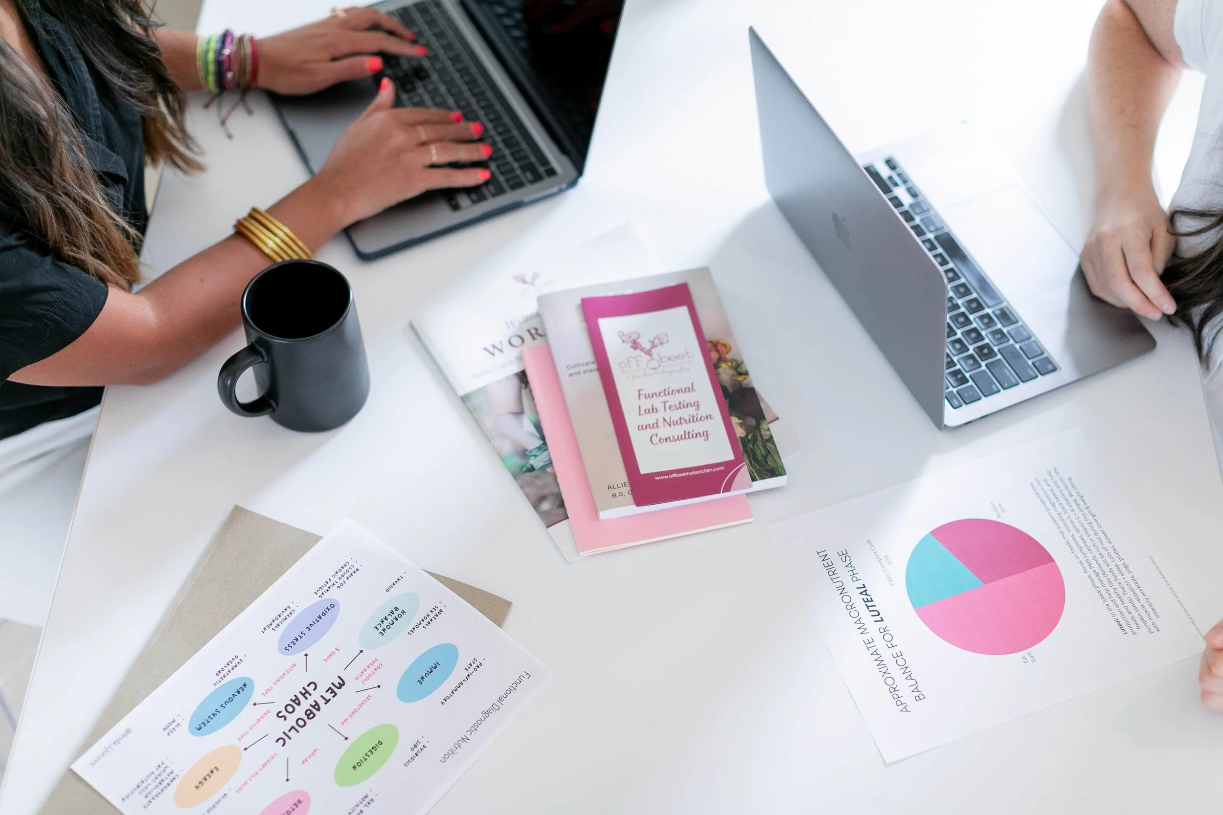 Allie Parsons and Carla Grice sitting at table with papers and computer at Off Beet Holistic FDN holistic nutrition and functional lab testing