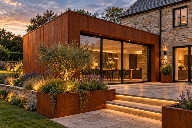 Illustrative Corten steel-clad extension beside a traditional stone home