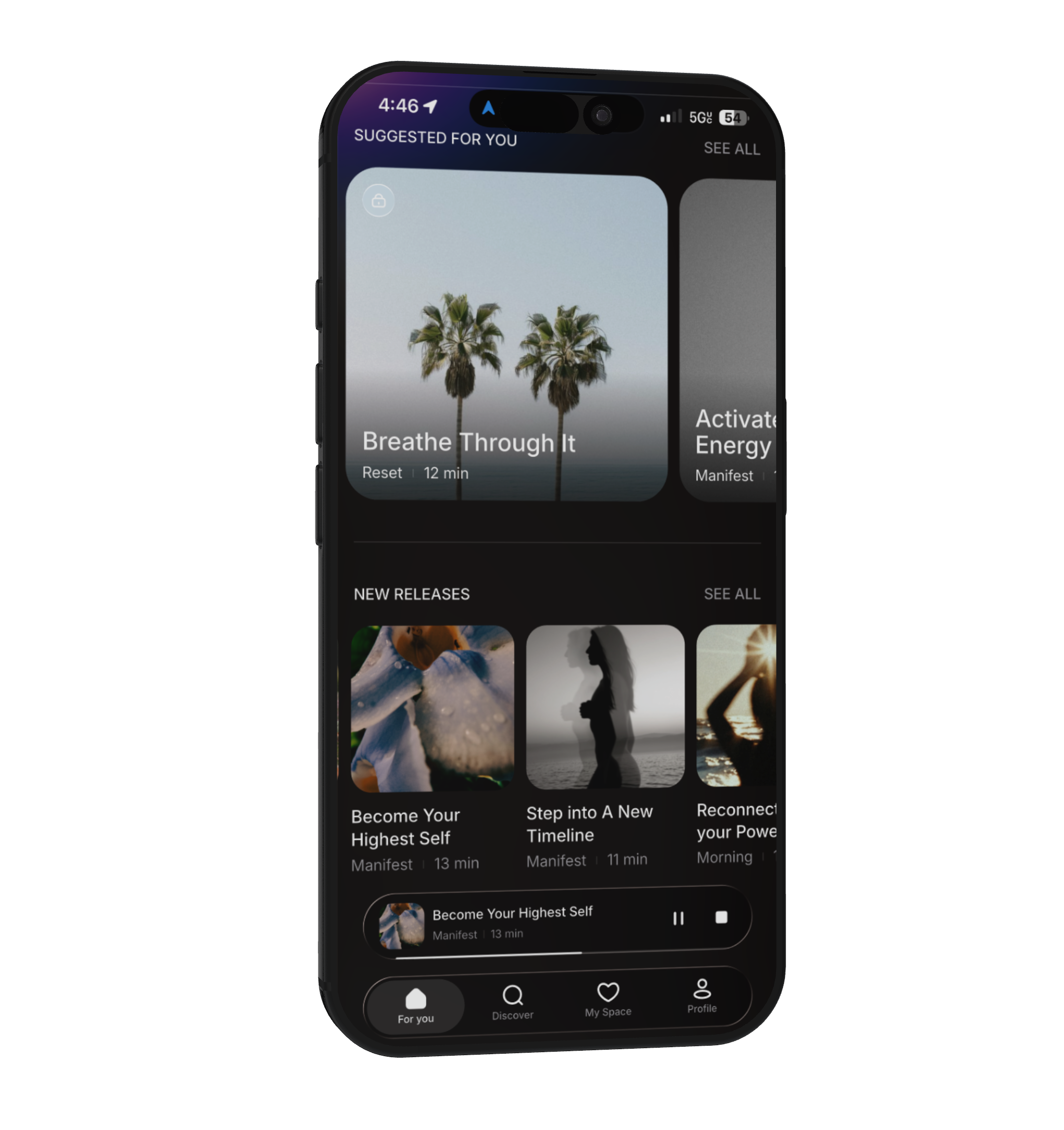A smartphone screen displaying The Radiate Meditation app with palm trees and a cloudy sky in the background, showing options to 'Breathe Through It' and other meditation sessions.