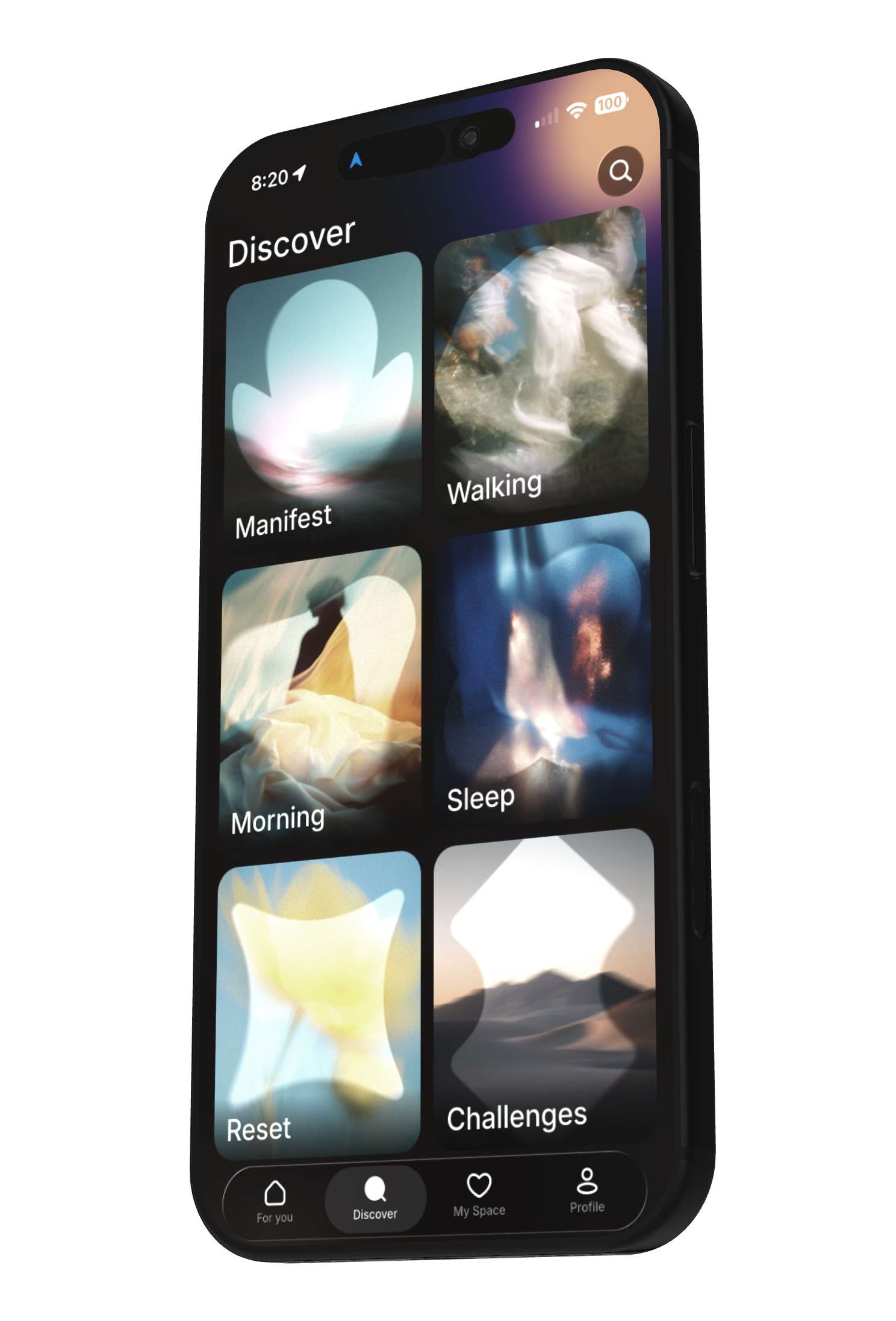 The Radiate App. Radiate Meditation app. Manifest, Walking, Morning, Sleep, Reset, and Challenges. The app focuses on health, wellness and mindfulness.