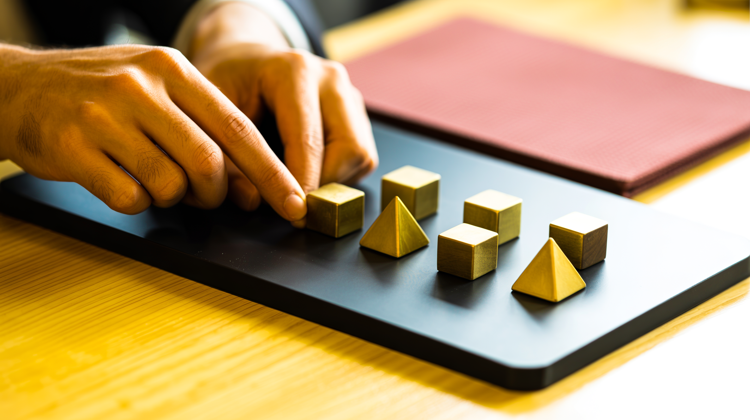 A person's hand arranging metallic geometric toys, including cubes and pyramids, on a black surface with a pink notebook in the background.