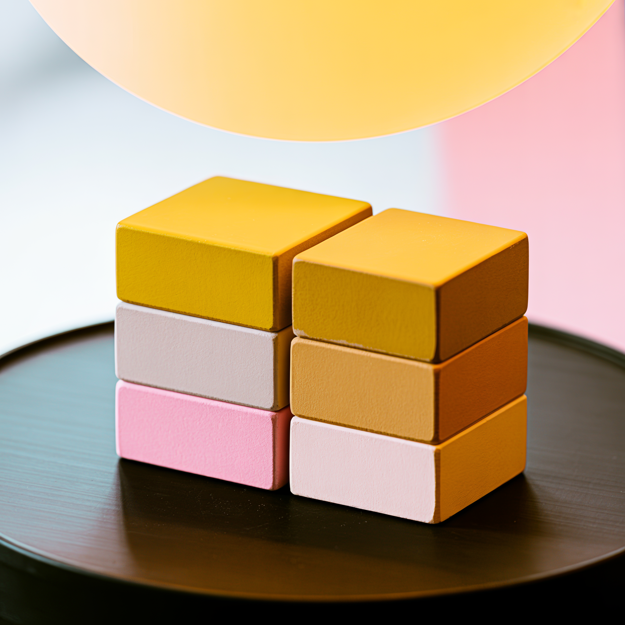 Stacked rectangular pastel-colored blocks in yellow, white, pink, and orange on a black circular tray with a pastel background.