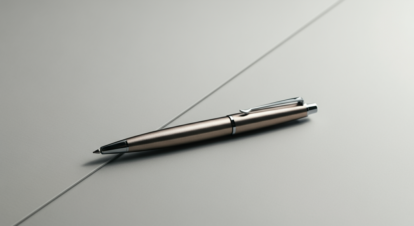 A metallic pen with a clip lying diagonally on a light gray surface.