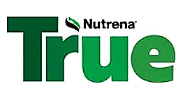 Nutrena True logo with green text and a leaf above the 'u' in True