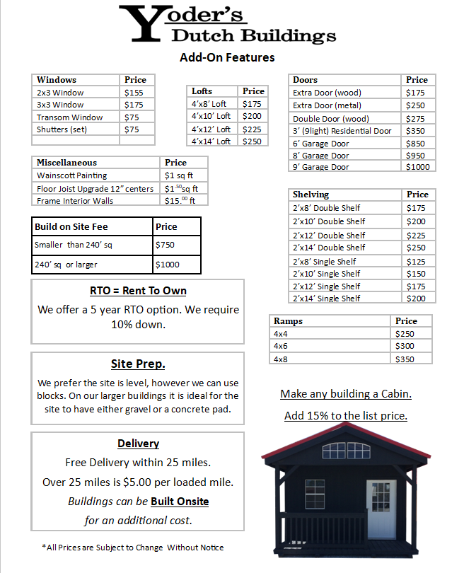 A price list for Yoder's Dutch Buildings with various options for windows, doors, shelving, ramps, and additional features, including notes on rent-to-own, site preparation, and delivery.
