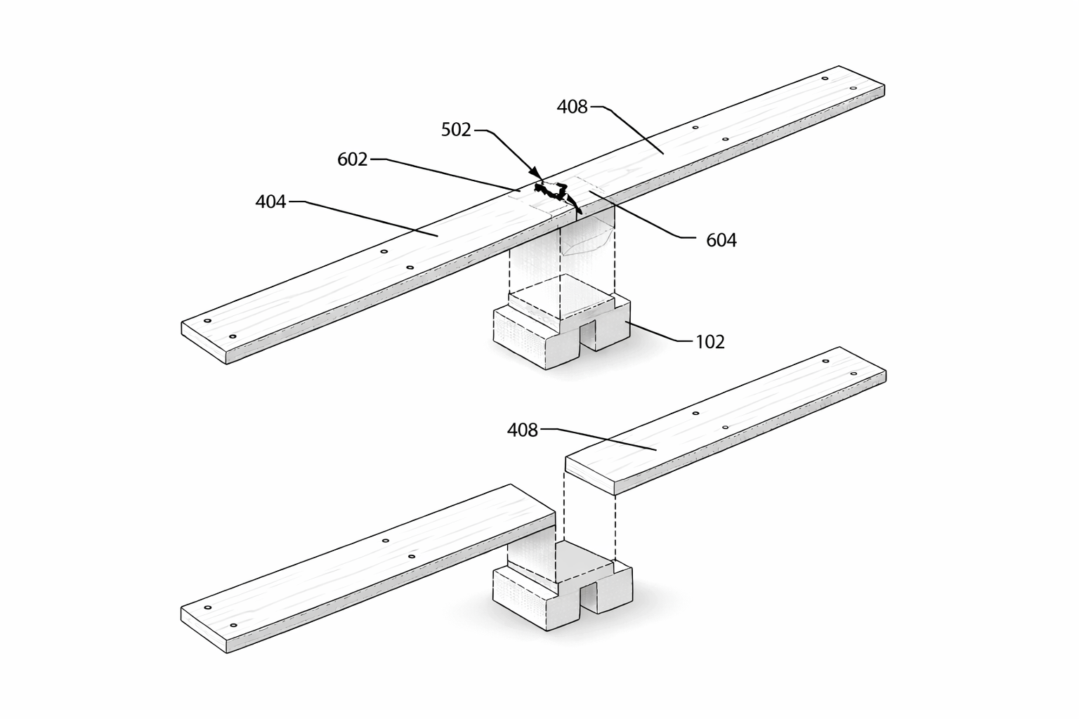 A technical diagram illustrating the assembly of a wooden rail mounted on concrete blocks, showing parts labeled with numbers and connecting components.