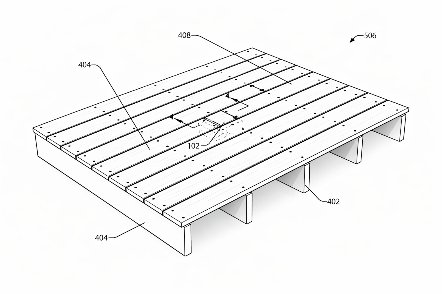 A technical illustration of a wooden pallet with numbered parts and labels, including slats, supports, and fastening points.