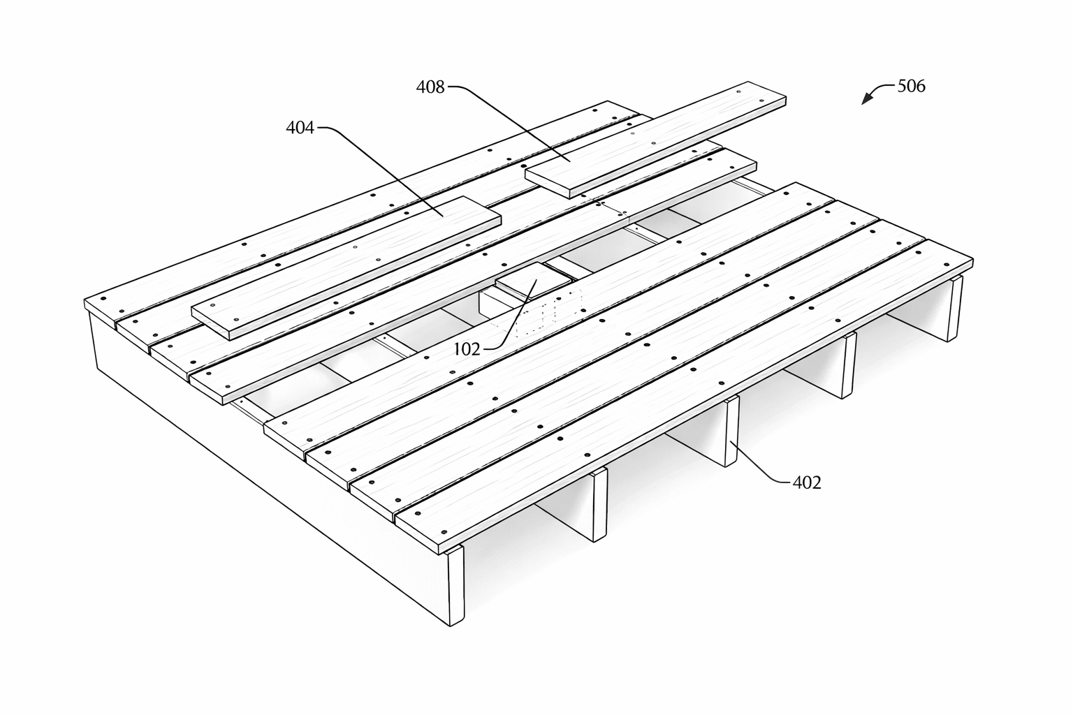 A technical drawing of a wooden pallet with labeled components, showing the top deck boards, stringers, and support blocks.