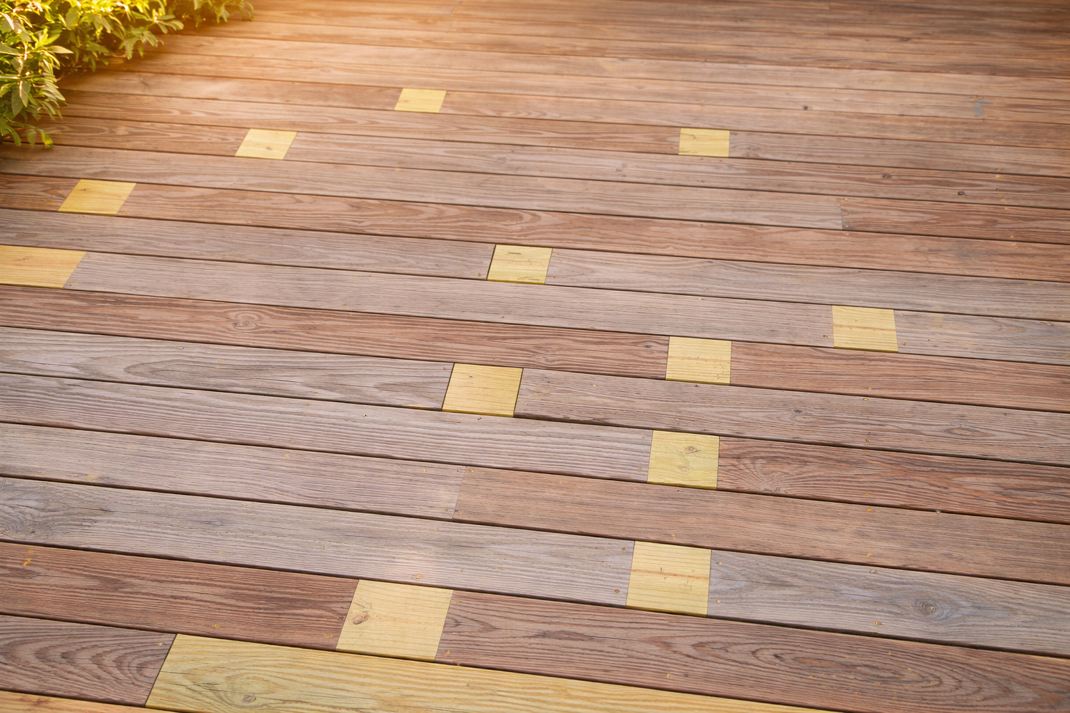 Close-up view of a wooden deck with a pattern of wood planks and yellow square tiles.