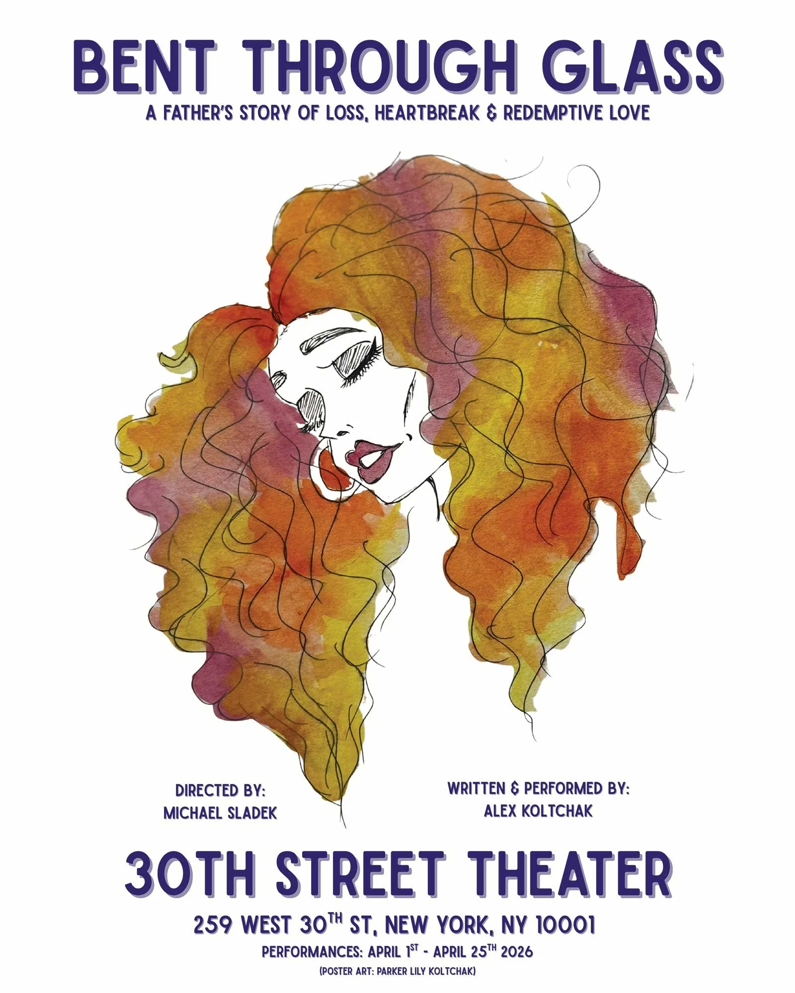 'Bent Through Glass' Key Art. Premiering Off-Broadway, April 2026. Performed by Alex Koltchak and directed by Michael Sladek.