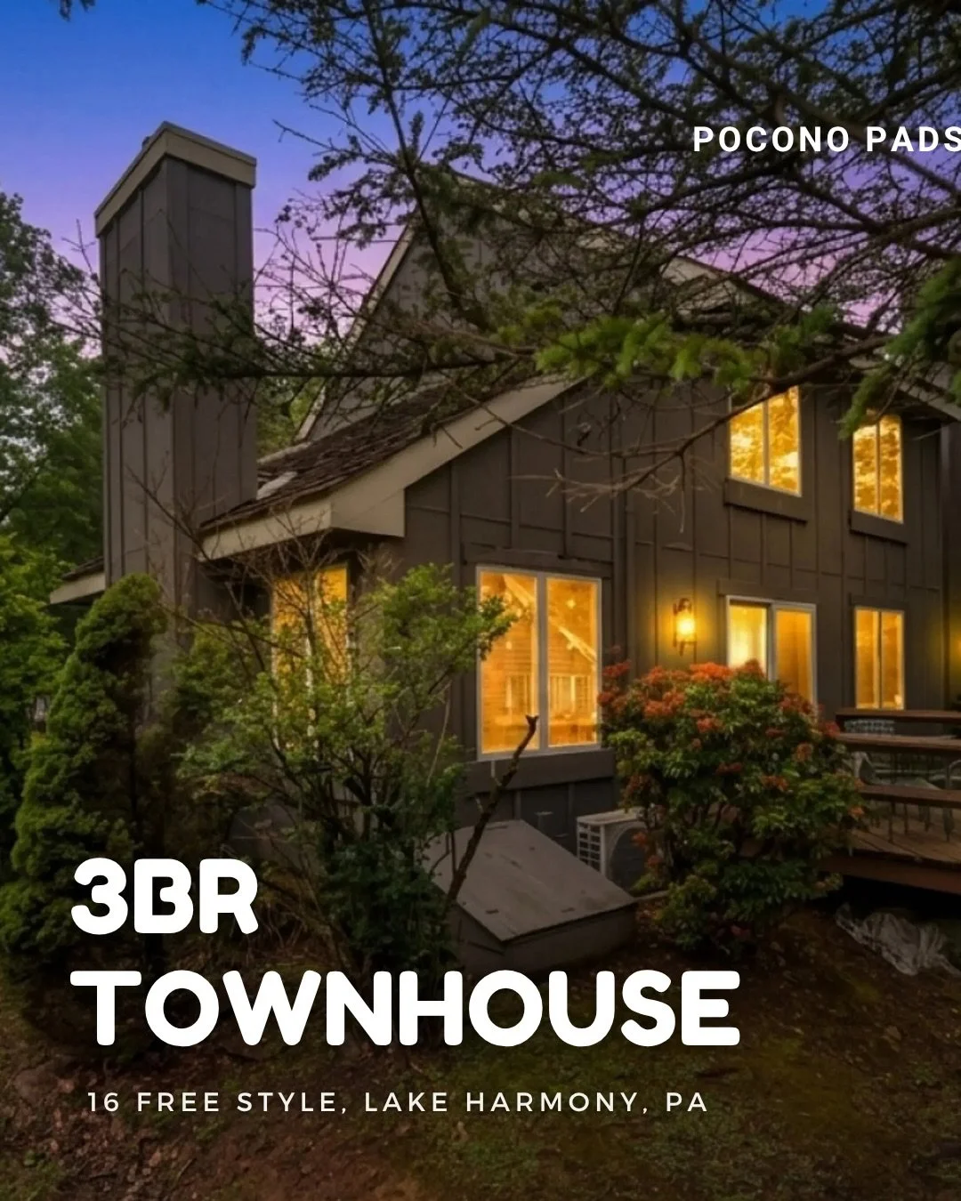 Three bedrooms, two baths, and space for up to 10 guests in Lake Harmony.

This townhouse has everything you need for a summer Pocono getaway. Open-concept living, wood-burning fireplace for cooler nights, fully stocked kitchen, arcade, foosball, and