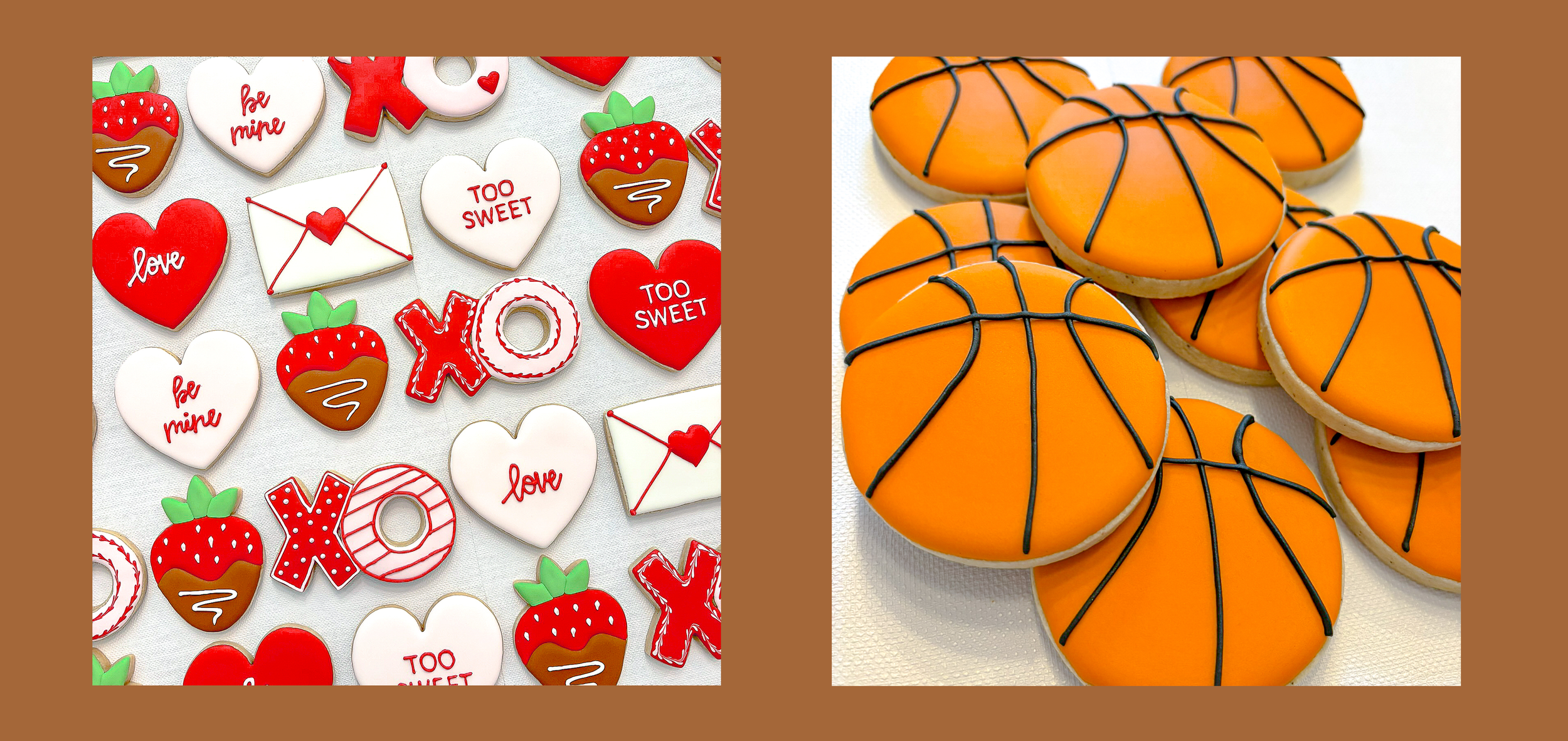 Left side: Various Valentine's Day cookies shaped like hearts, strawberries, and envelopes with messages like "love," "be mine," and "TOO SWEET." Right side: basketball-themed cookies decorated as basketballs with orange icing and black icing lines.