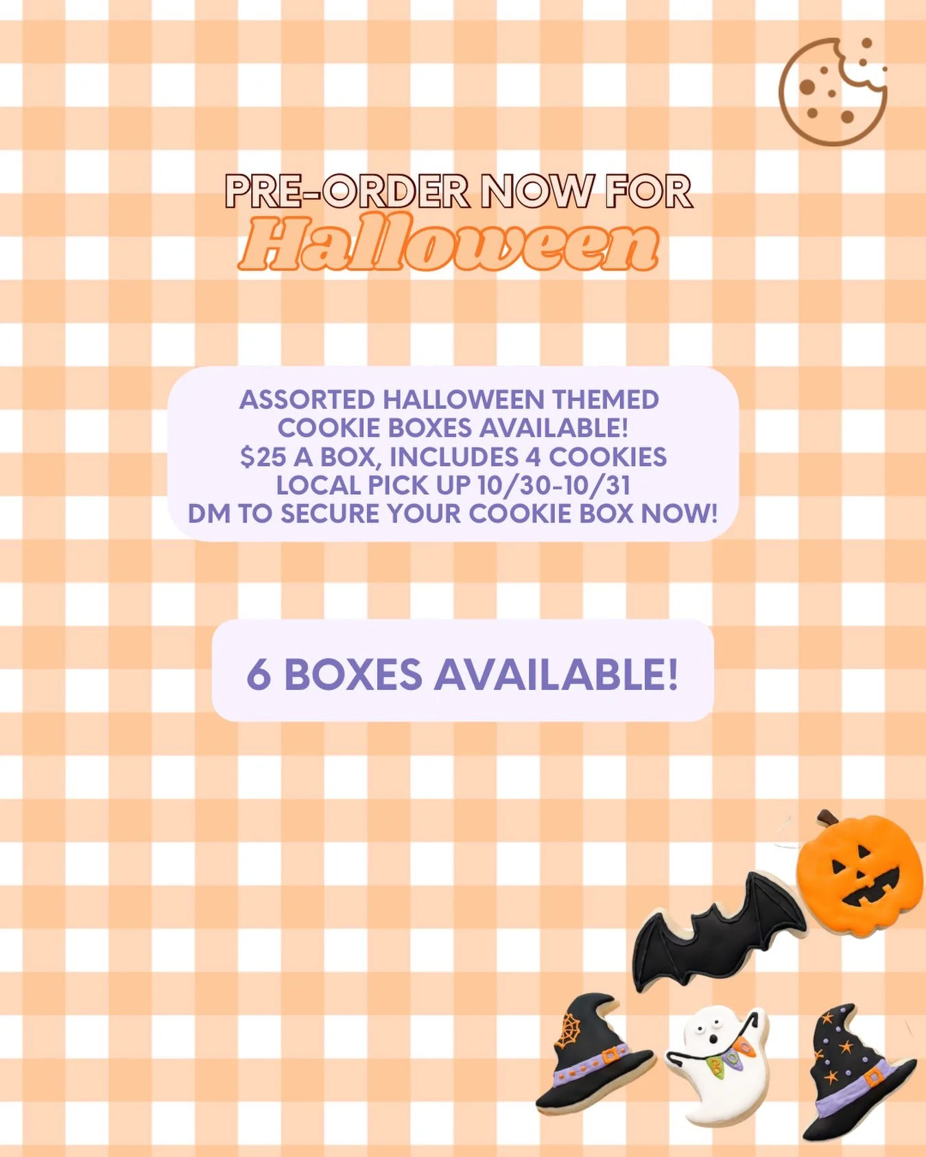 Assorted Halloween cookie boxes available for pre-order now! 6 boxes available! $25 a box 🧡 Local pick up only. DM to reserve now!

Box will include 4 Halloween themed cookies, the perfect sweet treat for your kiddos and family! 🎃

#homemadecookies